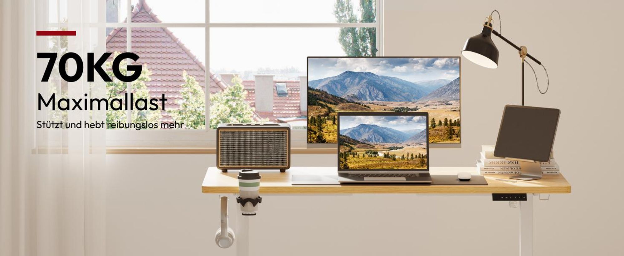 SANODESK Höhenverstellbarer Schreibtisch Upgrade 140×60cm 4 Memory-Funktion Becherhalter, Haken, Kabelmanagement 70kg Tragkraft Kollisionsschutz Ahorn