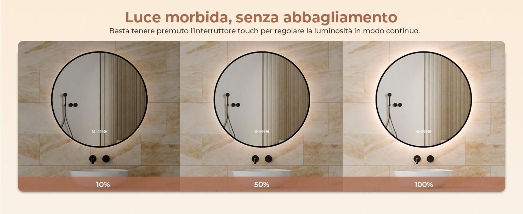 S'AFIELINA Specchio da bagno LED Rotondo 80cm, touch, antiappannamento, dimmerabile, orologio, temperatura, memoria, Nero