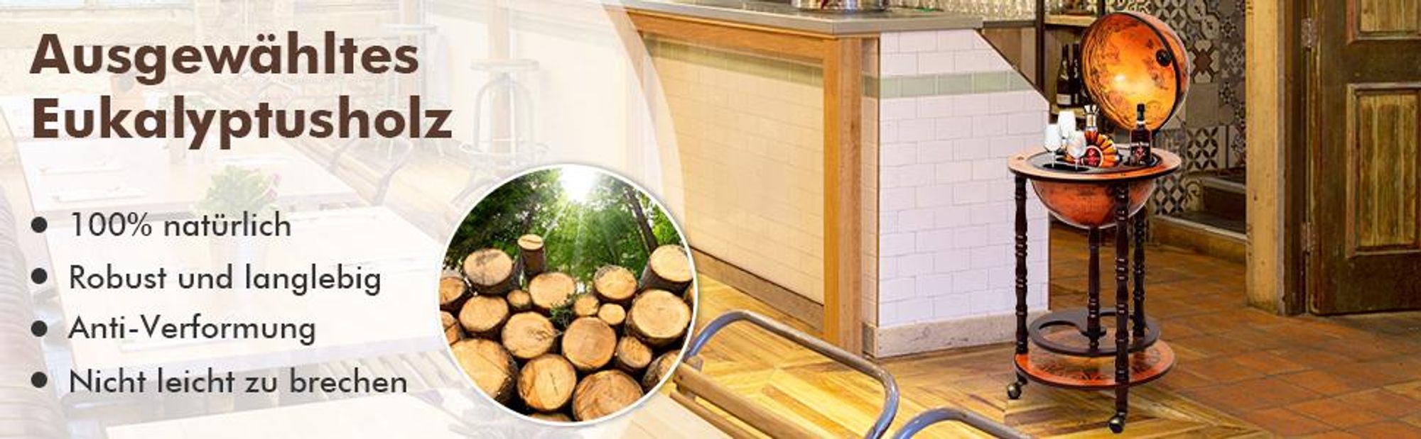 COSTWAY Globusbar mit Rollen, Weinregal, Servierwagen, Globus Bar, Barwagen Holz Braun
