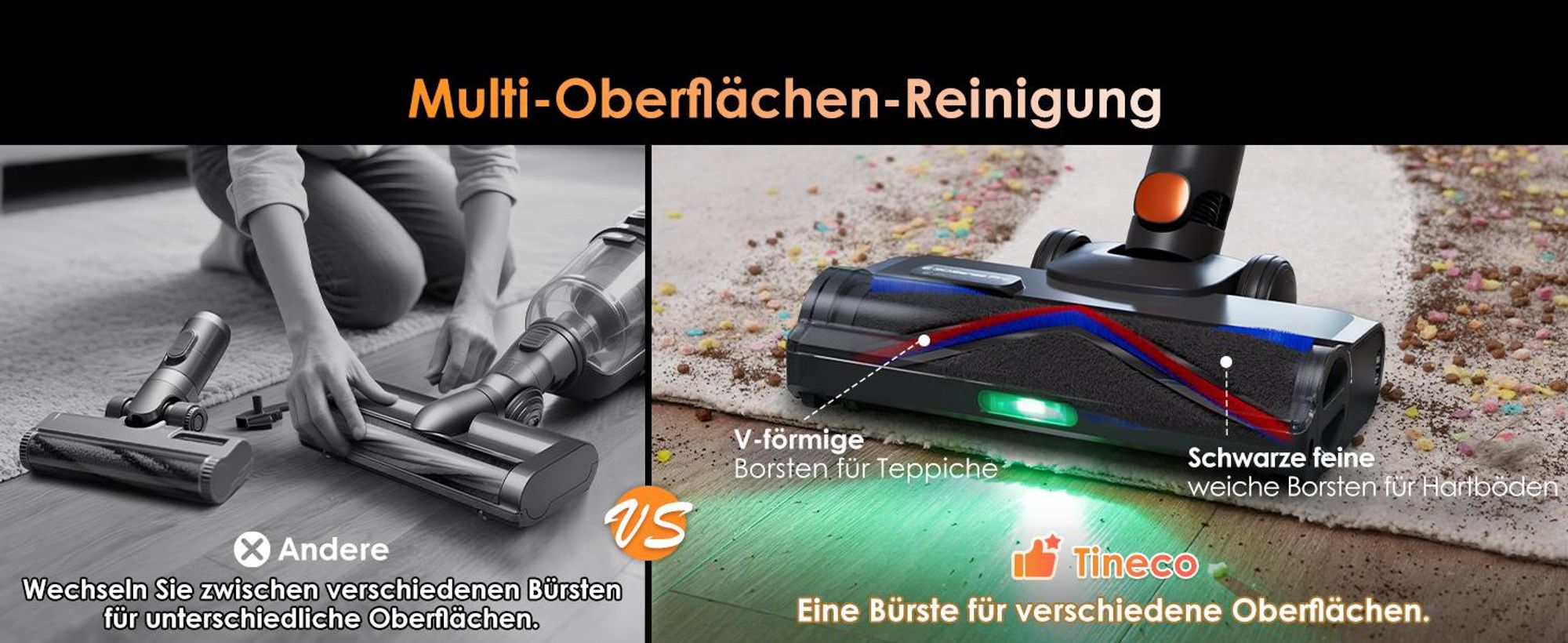 Tineco Pure ONE S70 Akku Staubsauger, 200 AW, LED, 3DSense Pro Reinigungssystem, Biz zu 95 Min. 6-stufiges Filter, ZeroTangle, Handstaubsauger Orange