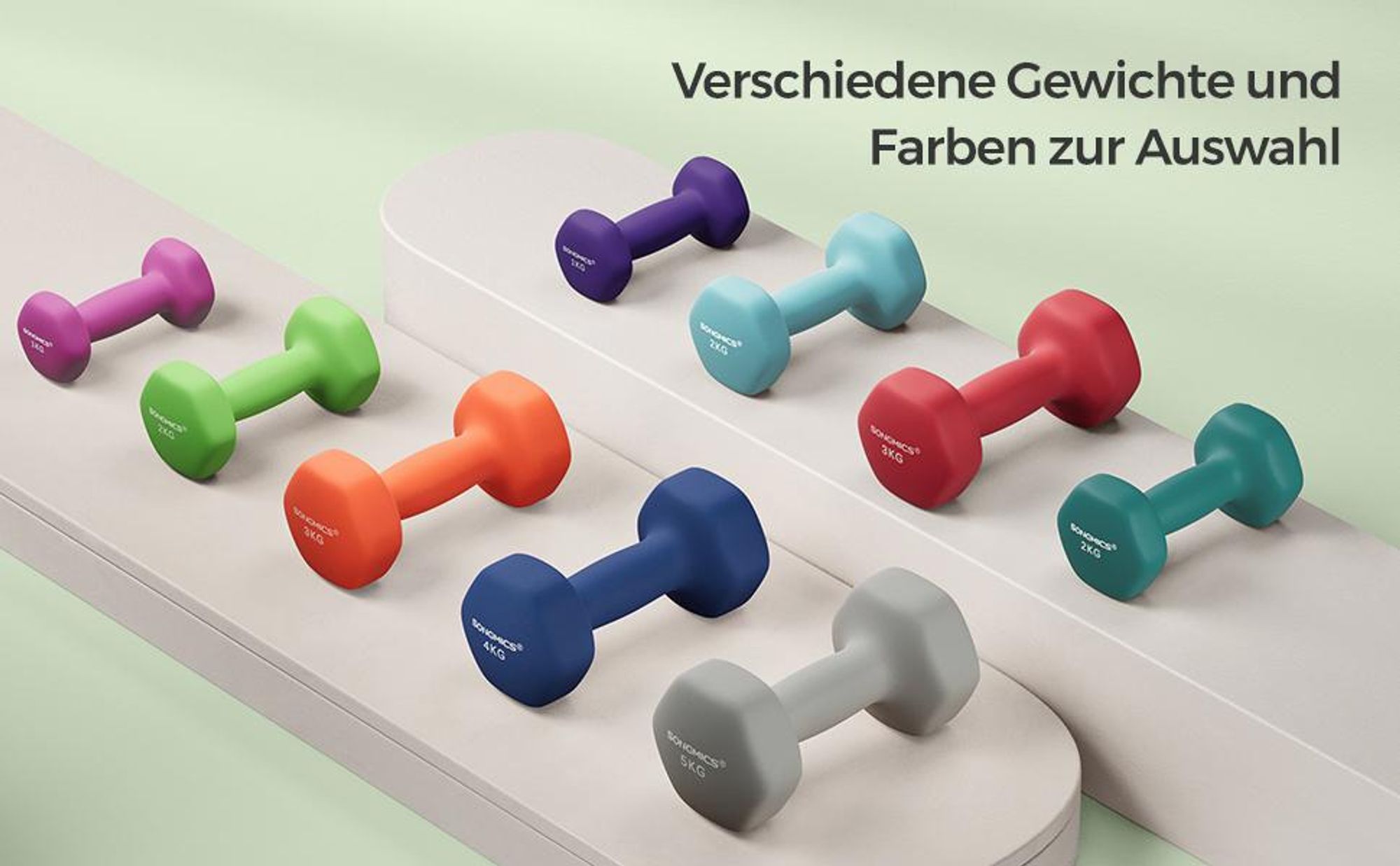 SONGMICS Hanteln, 2er Set, 2 x 2 kg, Hantelset, Kurzhanteln, Hexagon, Neopren-Beschichtung, Krafttraining, Workout, Fitnesstraining, für Zuhause, grün