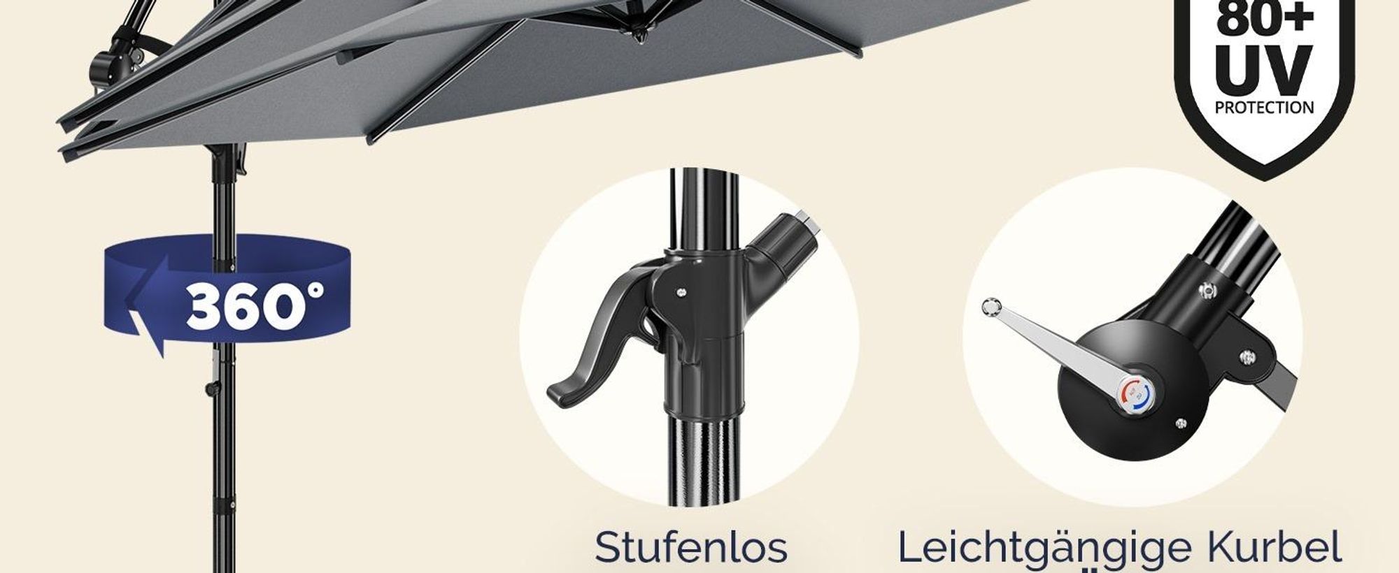 CASARIA® Ampelschirm 350 cm Komplettset inkl. 4 Gewichte & Schutzhülle – Garten Sonnenschirm UV 80+ neigbar schwenkbar mit Kurbel rund Anthrazit