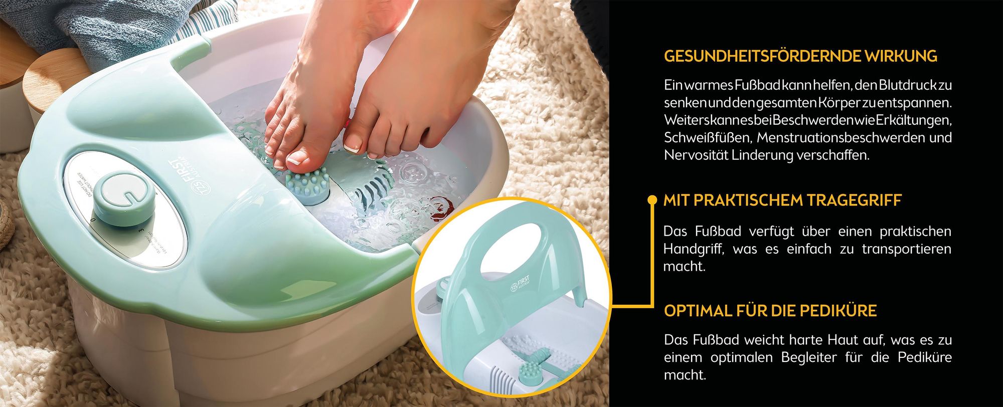 TZS First Austria - Fußsprudelbad 80W - Fußmassagegerät mit 3 Programme & 3 Aufsätze - klappbarer Griff