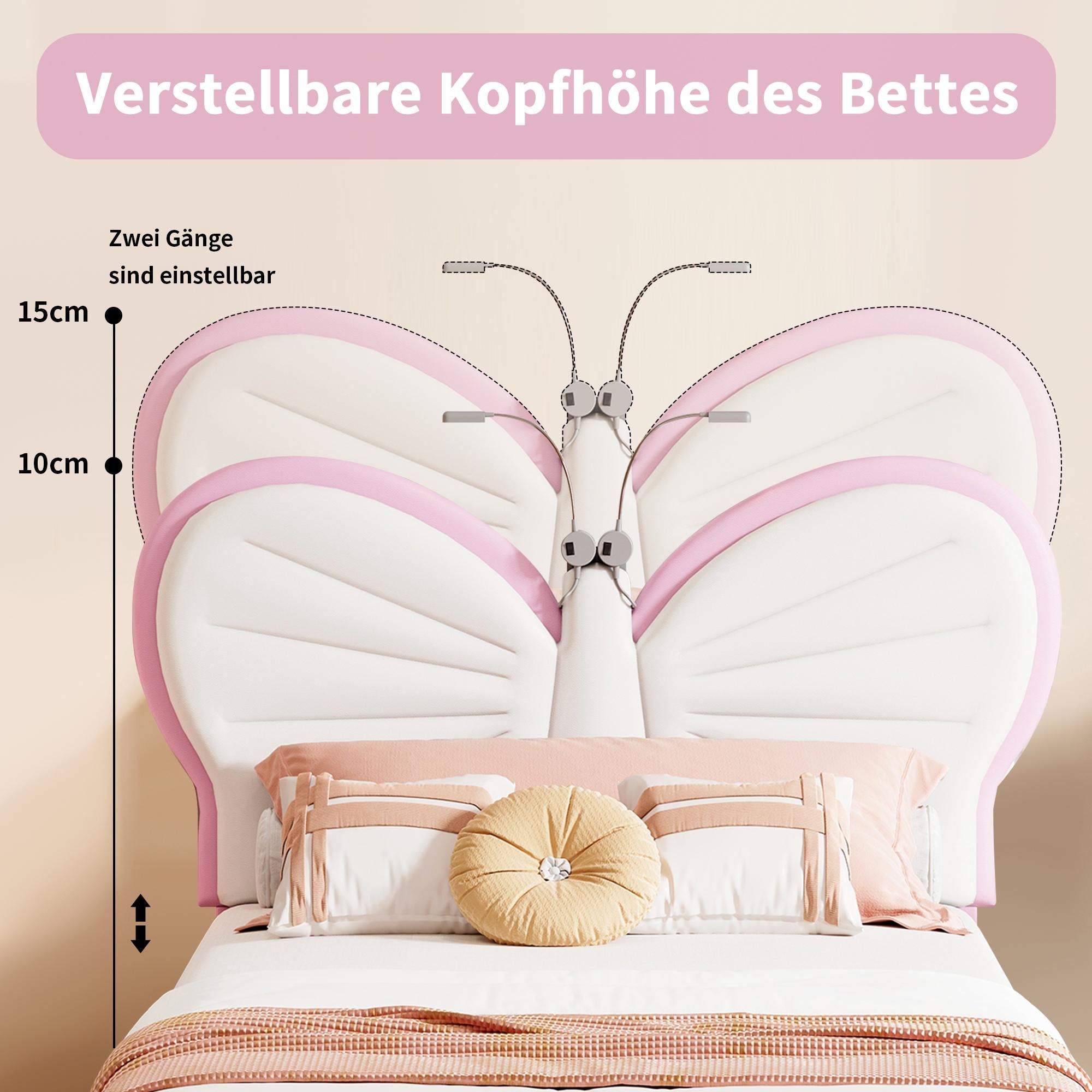 Kinderbett Polsterbett 90x200cm, Einzelbett Bettgestell mit LED-Leselampe, verstellbarem Kopfteil, Jugendbett für Jungen & Mädchen, Samt, ohne Matratze, Rosa