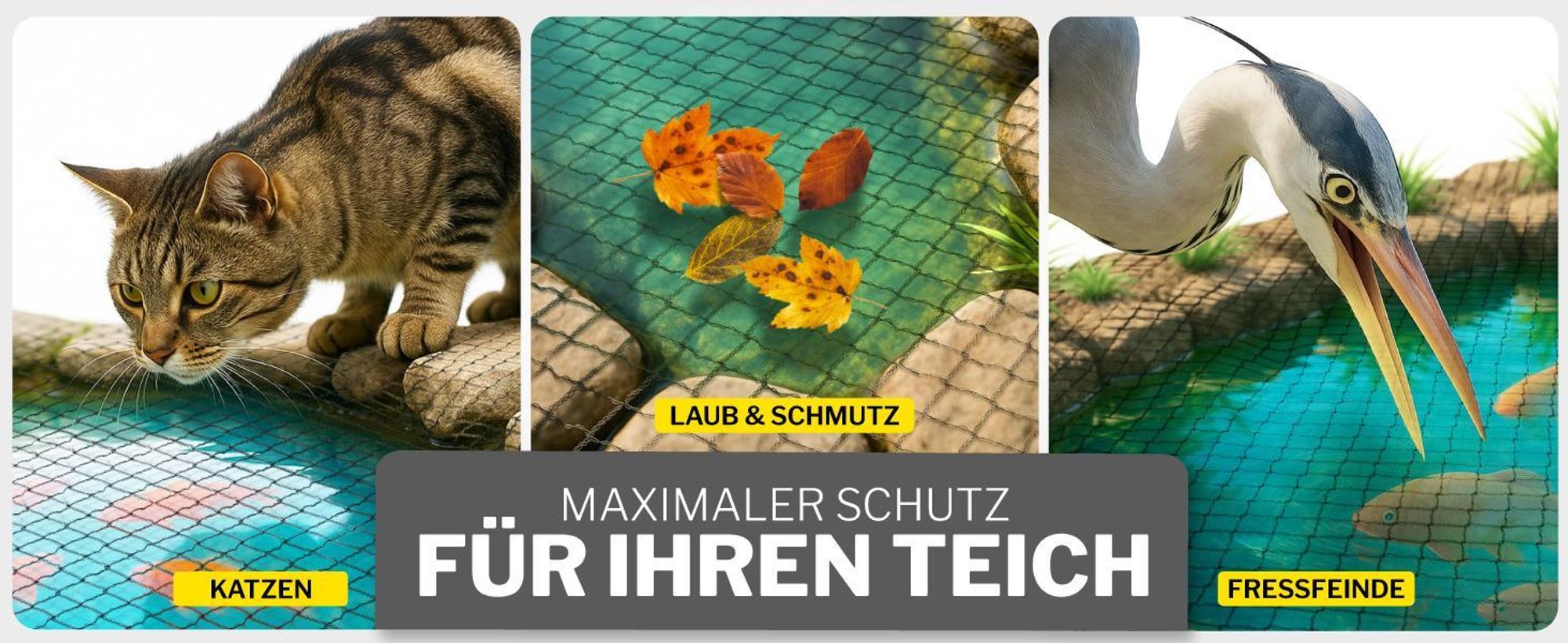 Teichnetz feinmaschig - 18 x 18 mm | 5x4 m | Schutznetz gegen Reiher, Laub und Tiere, UV-beständig, inkl. Befestigungsset