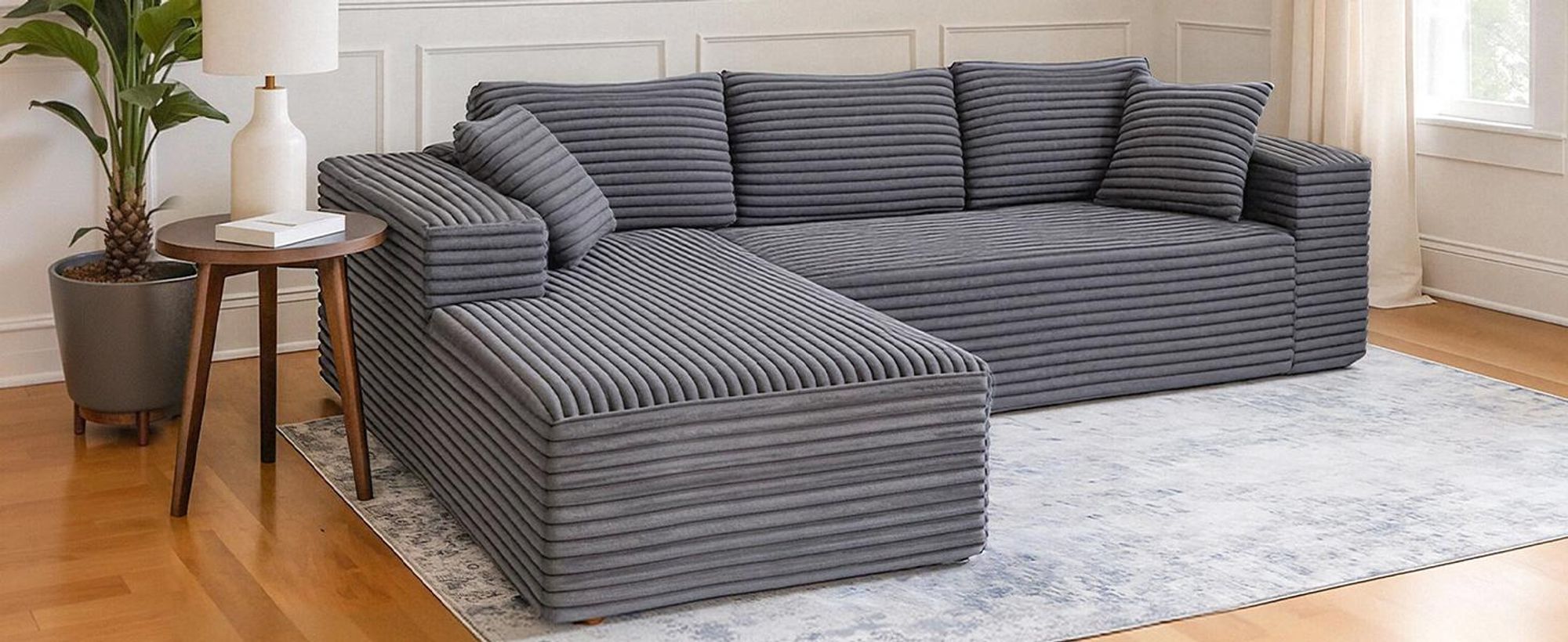 COMHOMASofa Big-Sofa, L-förmige Sofa, Couch Ecksofa, Chaiselongue Schlafsofa mit tiefer Sitzfläche und breiten Armlehnen, Cordstoff dunkelgrau-R