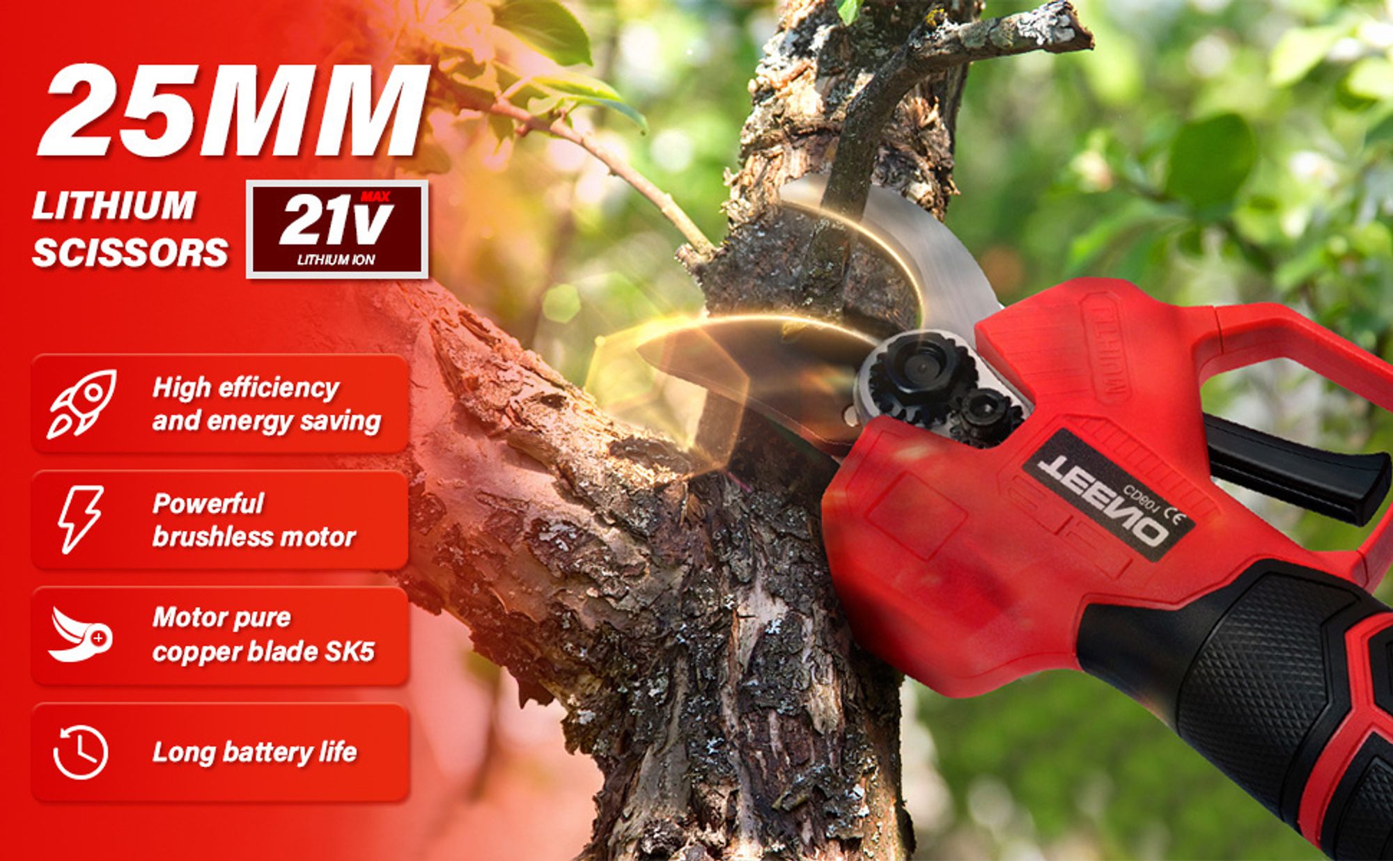 TEENO Elektrische Baumschere 21V, Professionelle Gartenschere MAX 25 mm Schnittdurchmesser, 2000mAh, Schere Astschneider Rosenschere Kabellos