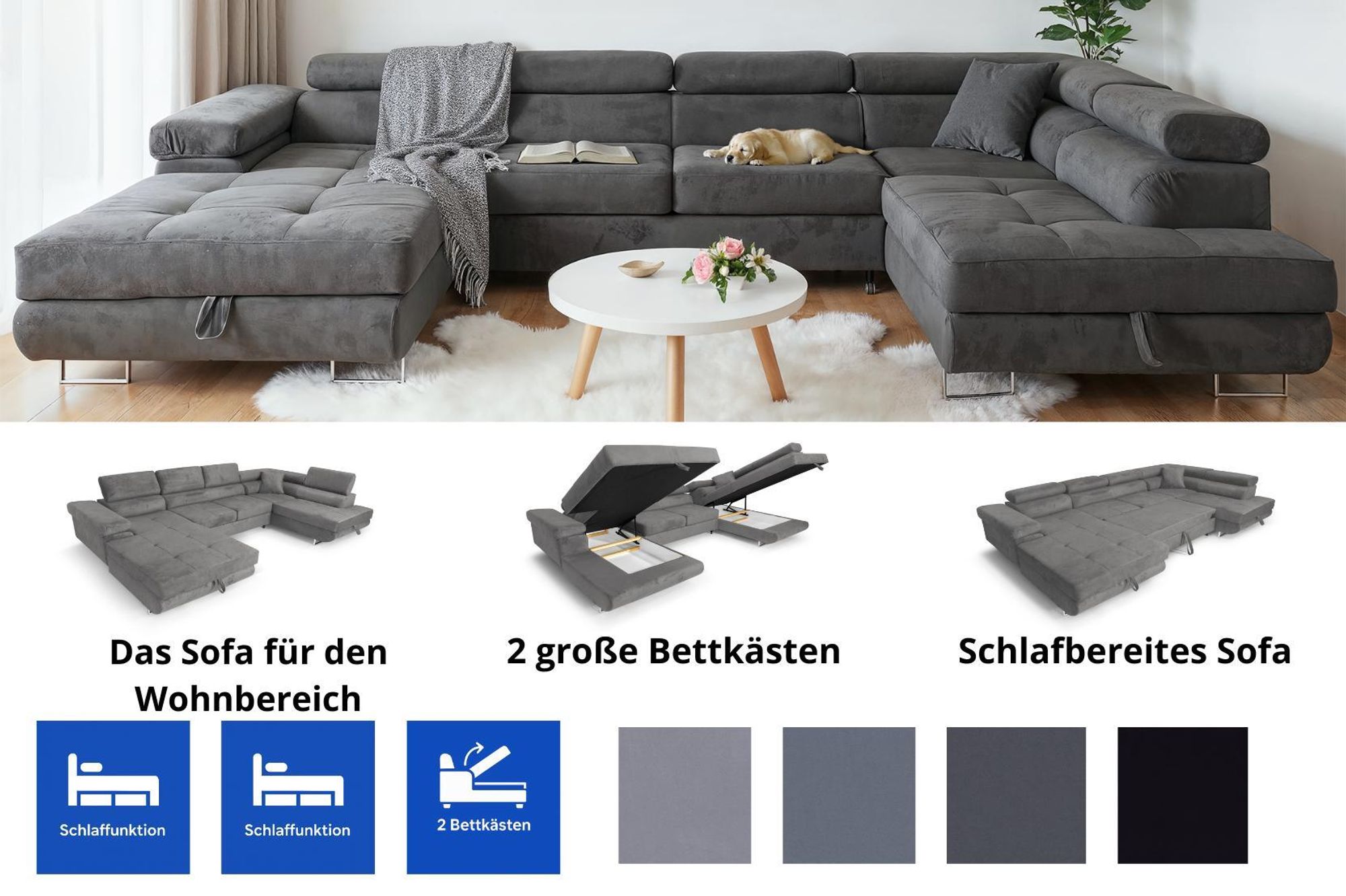 Grafitgraues Ecksofa mit Infografik: Wohnsofa, 2 Bettkästen, schlafbereites Sofa, Stoffmuster