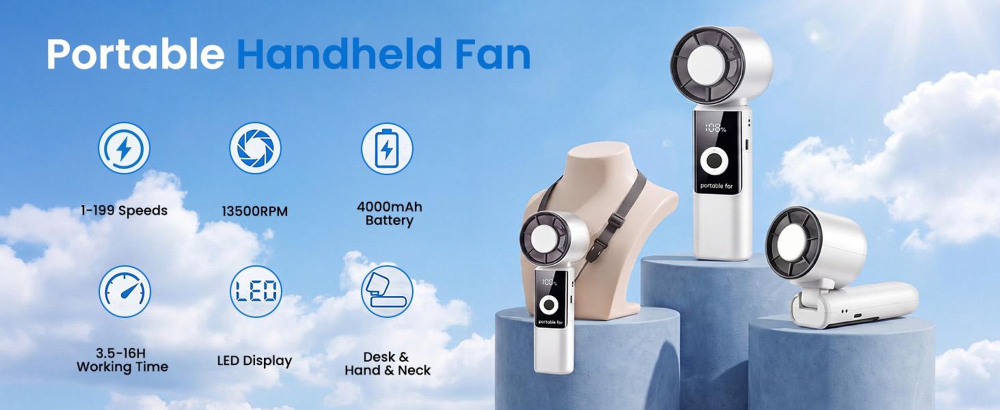 Tragbarer Handventilatoren USB, Faltbar Mini Ventilator Leise mit 4000 mAh Akku bis 16 Std. Laufzeit, LED-Display, 1-199 Geschwindigkeitsstufen, Weiß