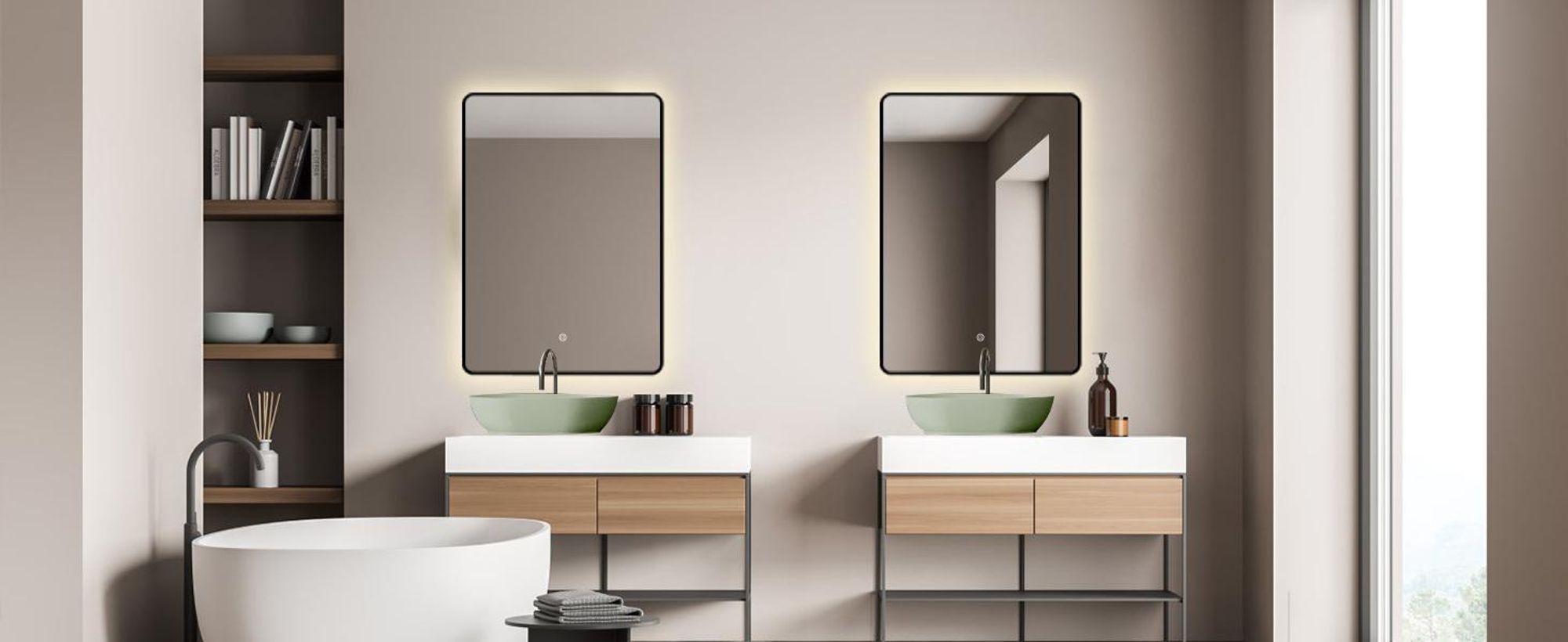 HOKO Miroir de salle de bain 50x70/70x50 cm avec cadre métallique noir+interrupteur tactile+lumière alternant blanc chaud/blanc froid/neutre 2700-6500K. Alabama