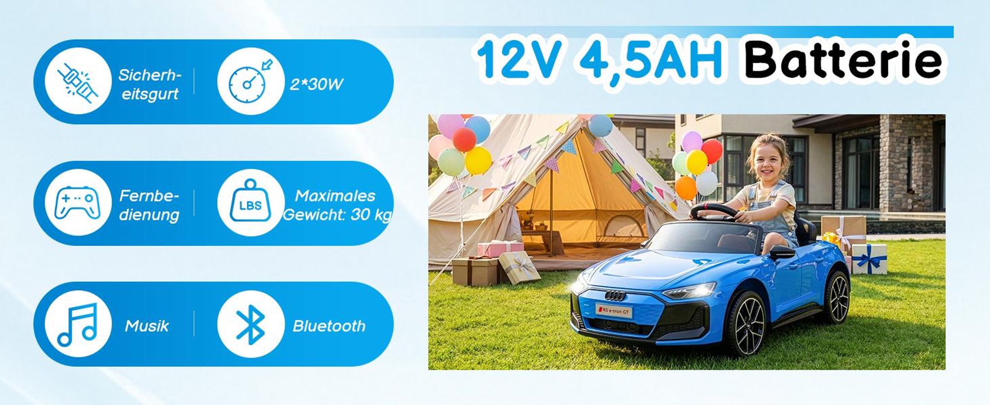Kinder-Elektroauto 12V 4,5Ah, 2 Geschwindigkeitsstufen, 2,4G-Fernbedienung, geeignet für Kinder von 3 bis 5 Jahren, Audi RS e-tron GT,Hellblau