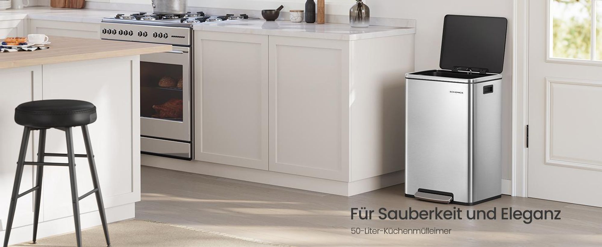 SONGMICS Mülleimer 50 L, 15 Müllsäcke, Edelstahl, herausnehmbarer Inneneimer aus Kunststoff, mit Deckel, Griffe, Softclose, silbern