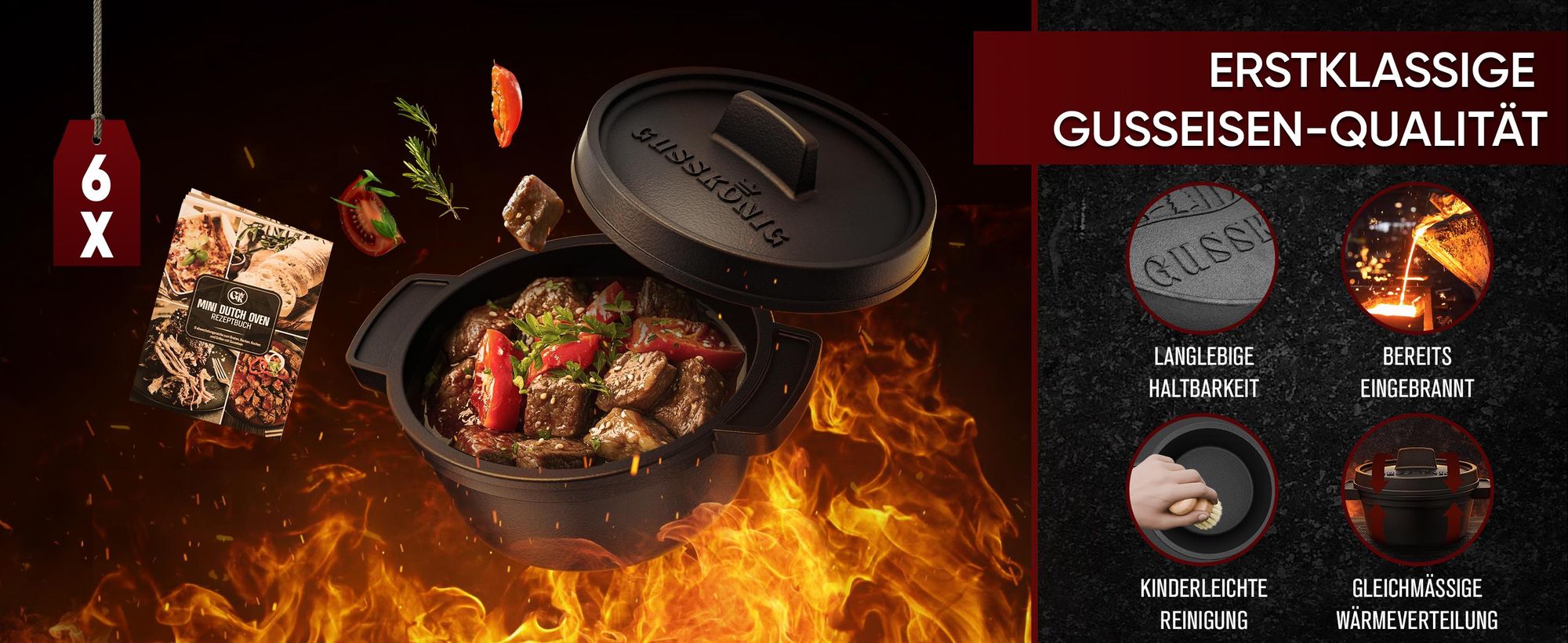 GUSSKÖNIG Dutch Oven Set Mini - 6x 300ml Gusseisen Mini Topf mit Deckel - bereits eingebrannter Mini Dutch Oven