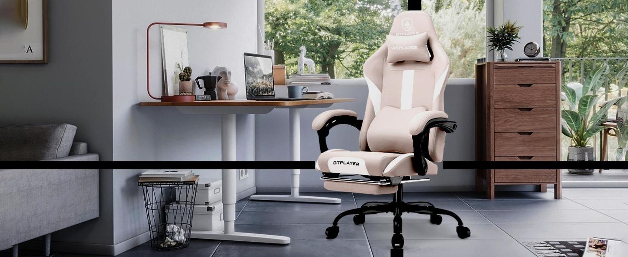 GTPLAYER Chaise de jeu Fauteuil de jeu ergonomique Chaise de bureau en tissu respirante Coussin d'assise à ressorts avec repose-pieds Rose