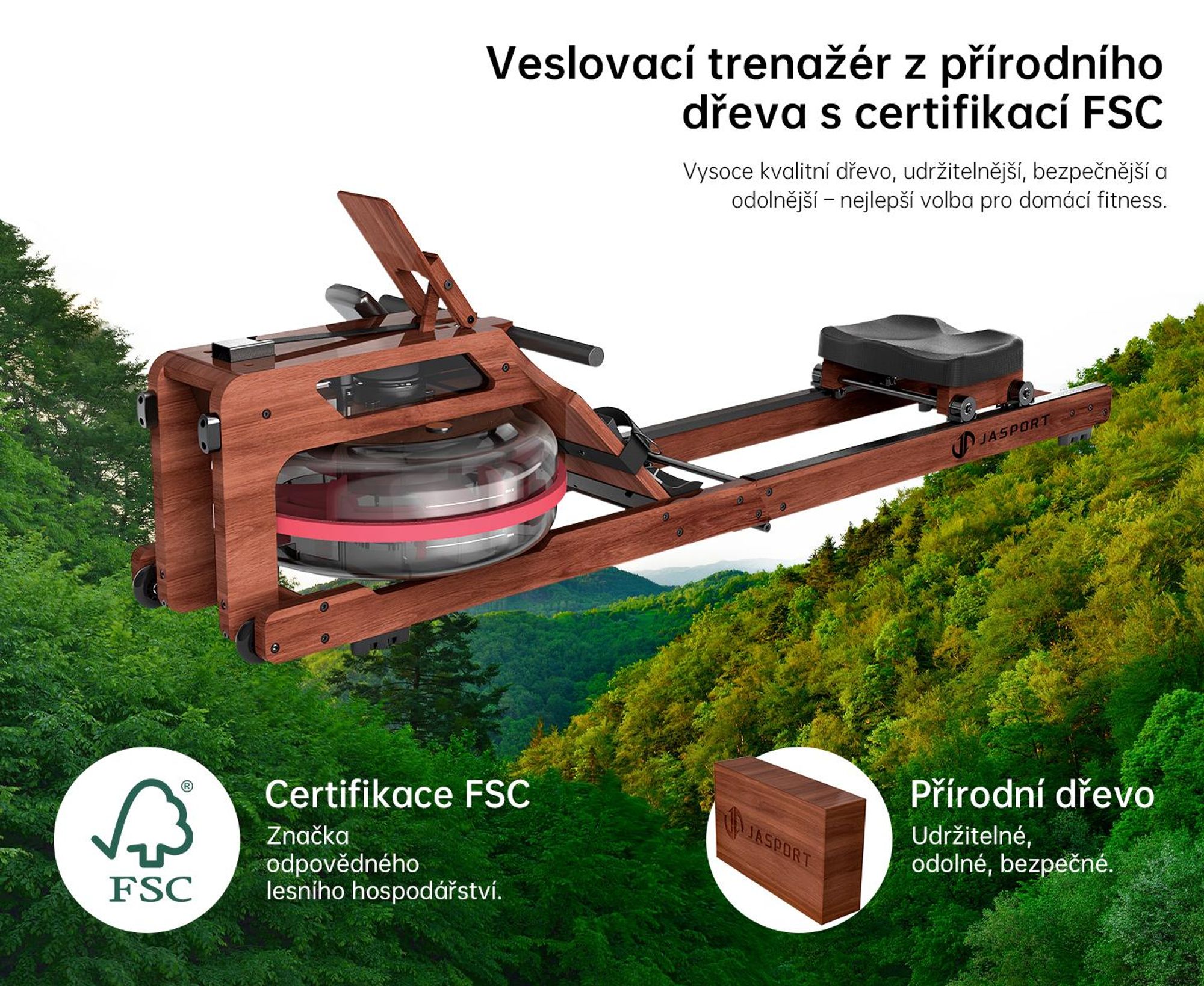 JASPORT R3 skladací vodný veslovací trenažér na doma z ho dubového dreva Bluetooth, LCD, Kinomap, 28 l, do 150 kg – Sapele