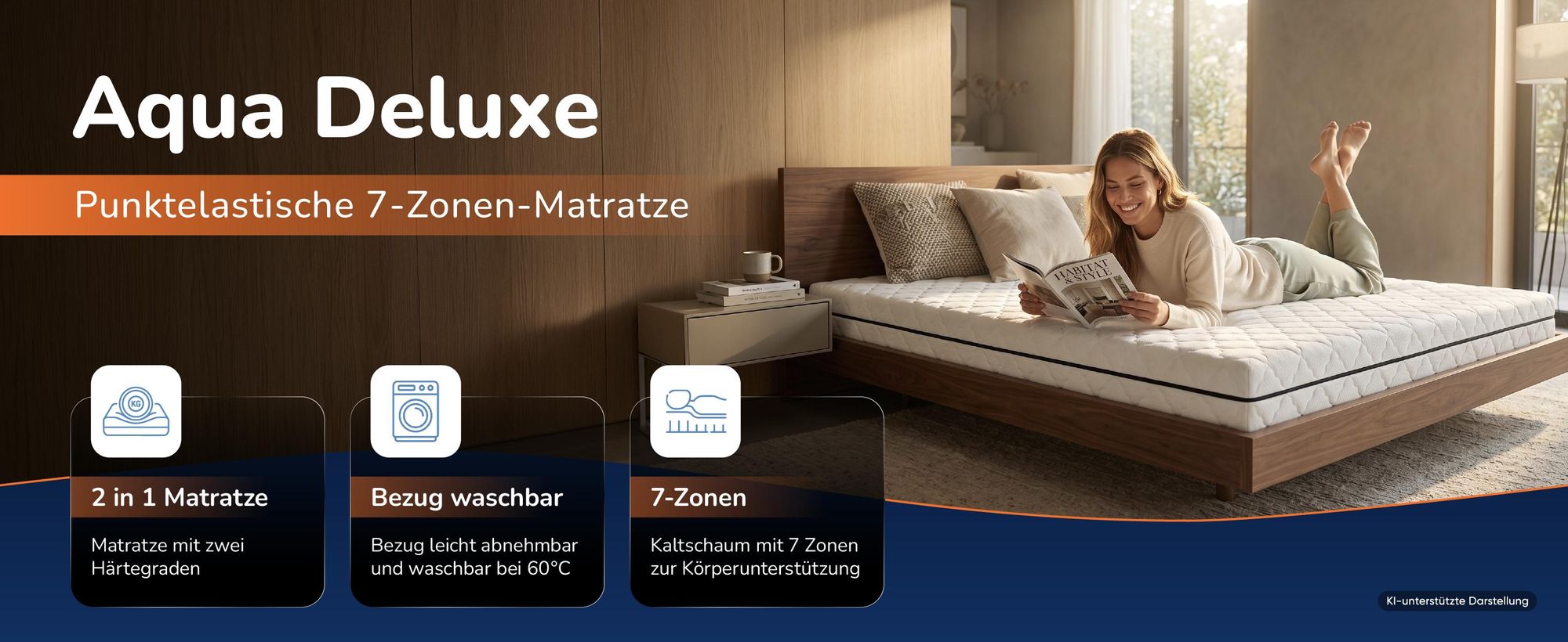 Schlafzimmer mit der Matratze Aqua Deluxe, daneben drei Produktmerkmale