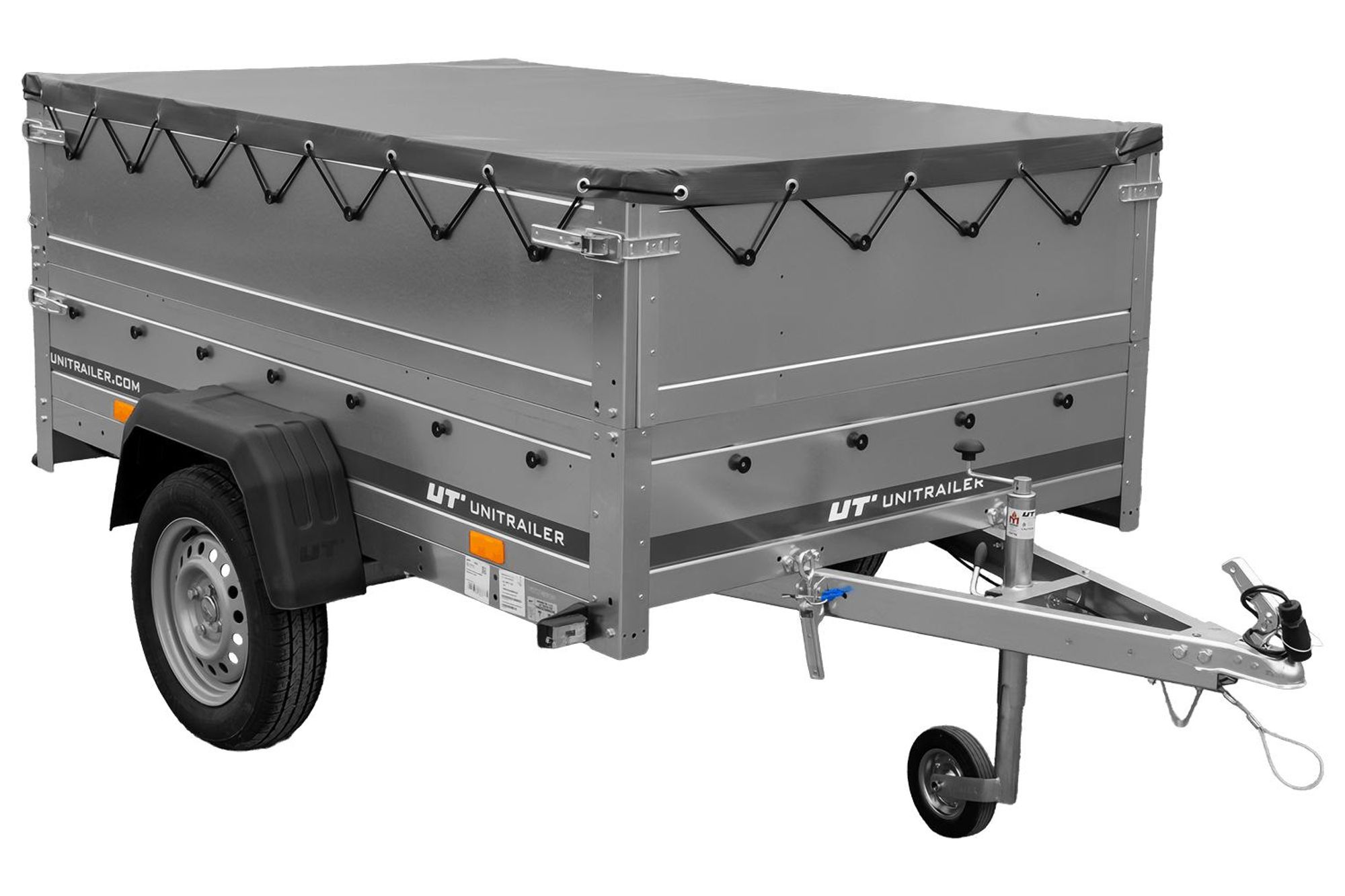 Pkw Anhänger kippbar 750 kg GARDEN TRAILER 201 KIPP mit zusätzlichen Bordwänden, Stützrad und grauer Flachplane