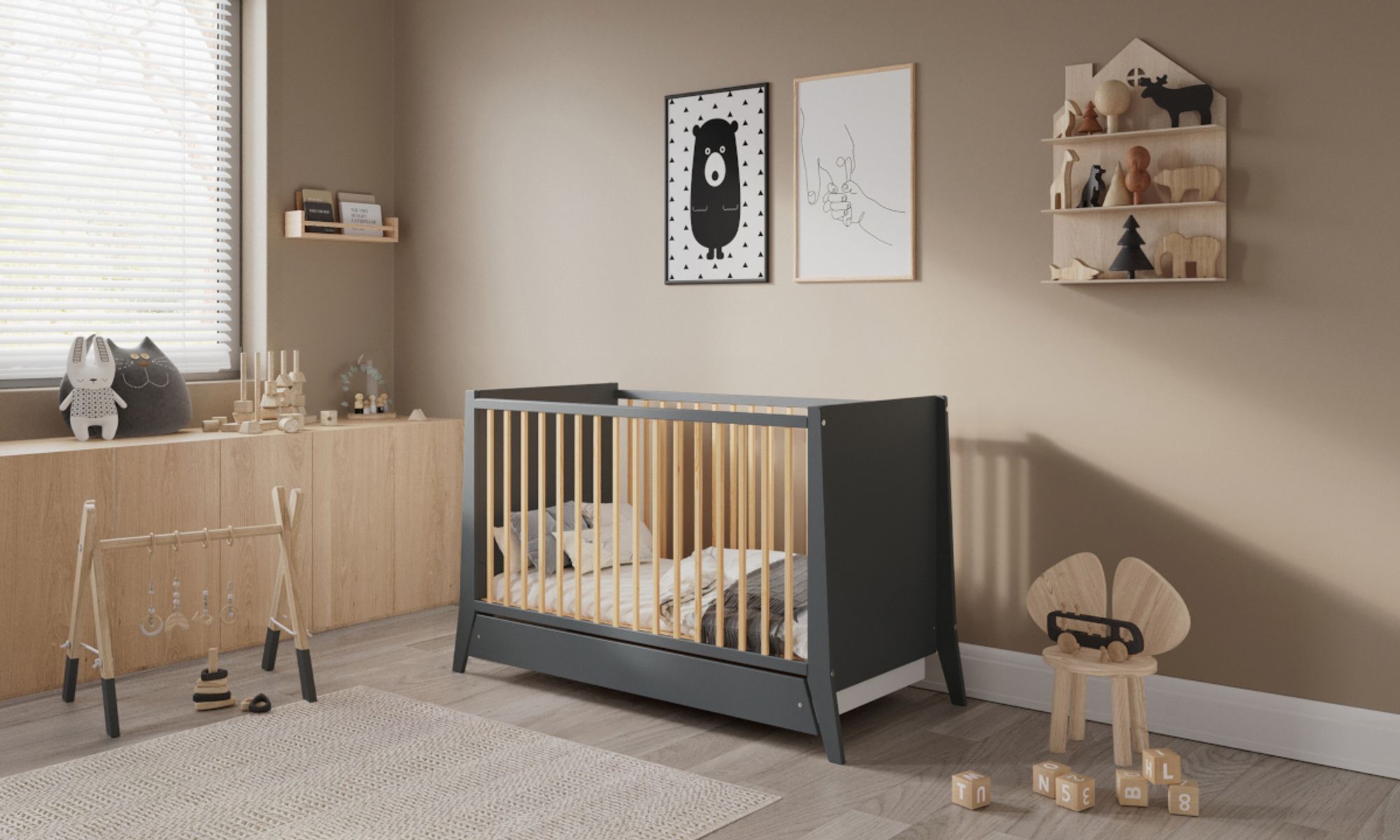 Kinderbett Cosmo 60x120cm mit Schublade und Umbaukit