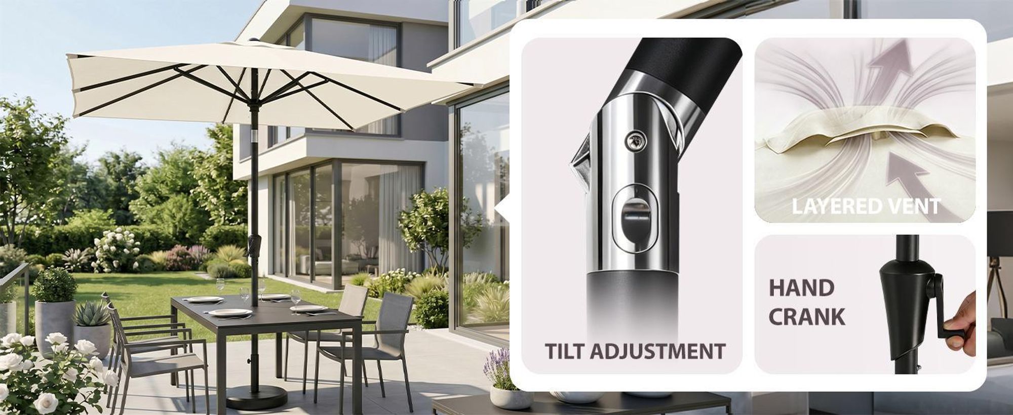 Sekey Rechteckiger Sonnenschirm 300 x 200 cm, Balkonschirm & Terrassenschirm mit Kurbel, UV50+ Sonnenschutz für Garten, Balkon und Terrasse