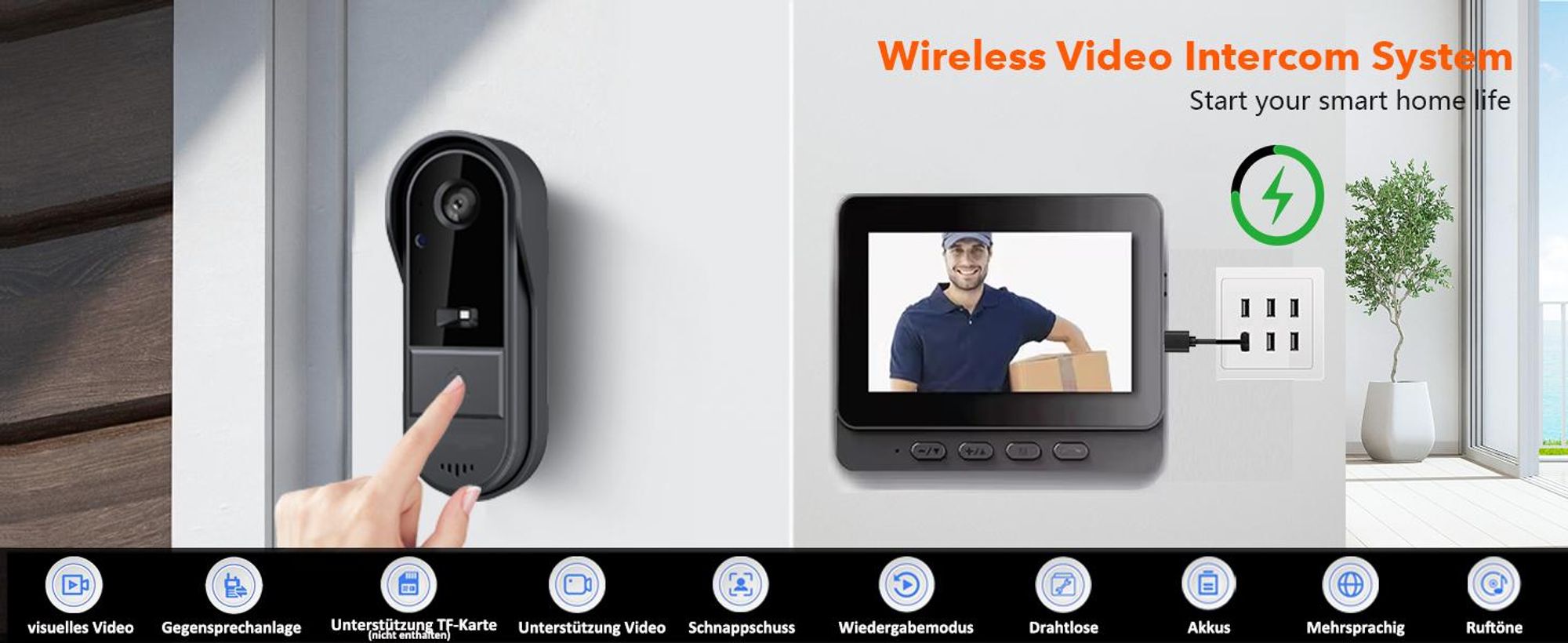 WLAN Video Türklingel mit Kamera, 1080P HD Funkklingel, IP65 Wasserdicht, 4,3 Zoll IPS Bildschirm, 170° Weitwinkel, 2-Wege-Audio, Infrarot Nachtsicht
