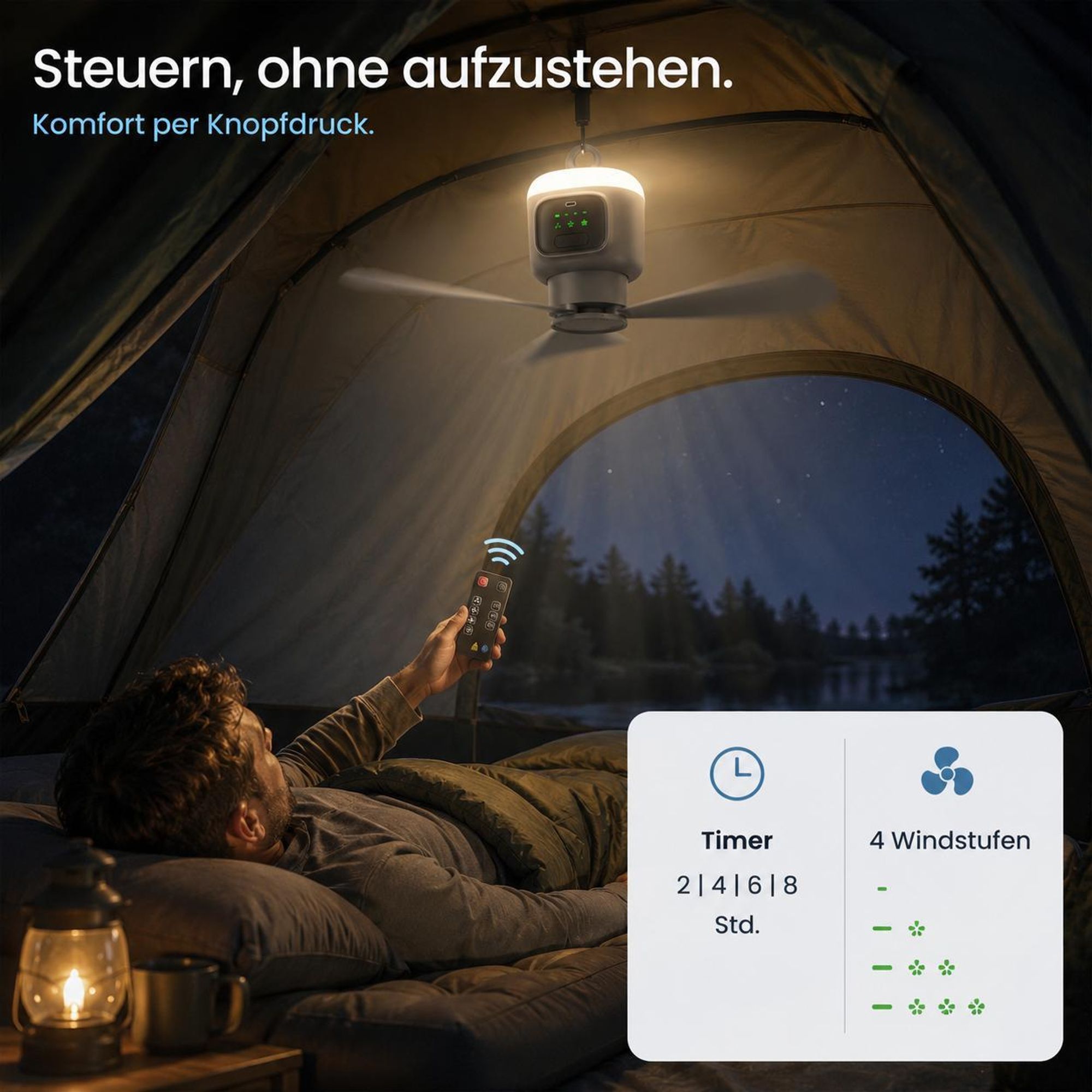 XL Ø45cm Camping Ventilator mit Licht, Akku 12000mAh, USB-C aufladbar, Deckenventilator mit Fernbedienung & Timer, Starke Brise für Zelt Pavillon RV