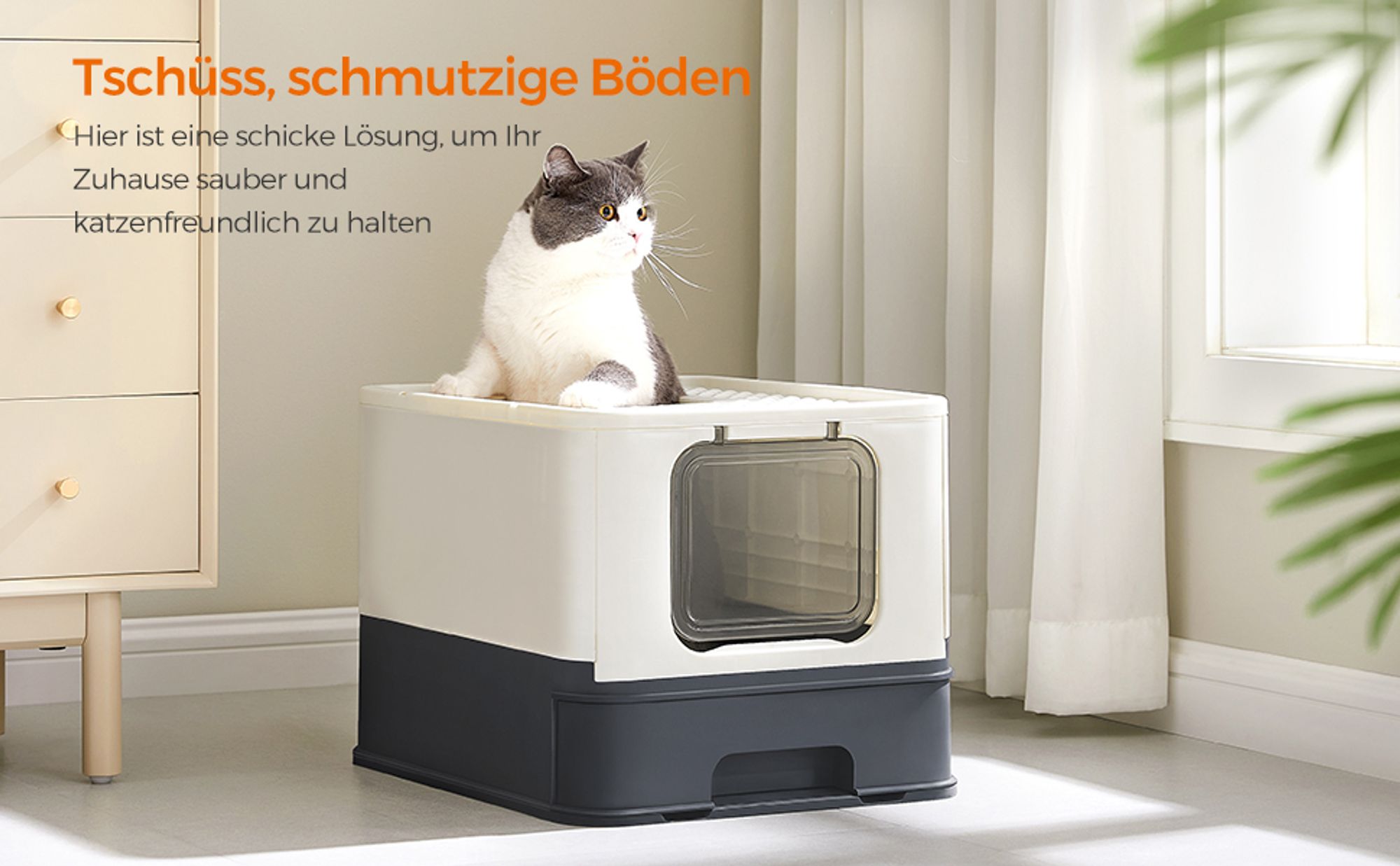 FEANDREA Katzenklo, mit Deckel, für Katzen bis 15kg, Beige-Schwarz