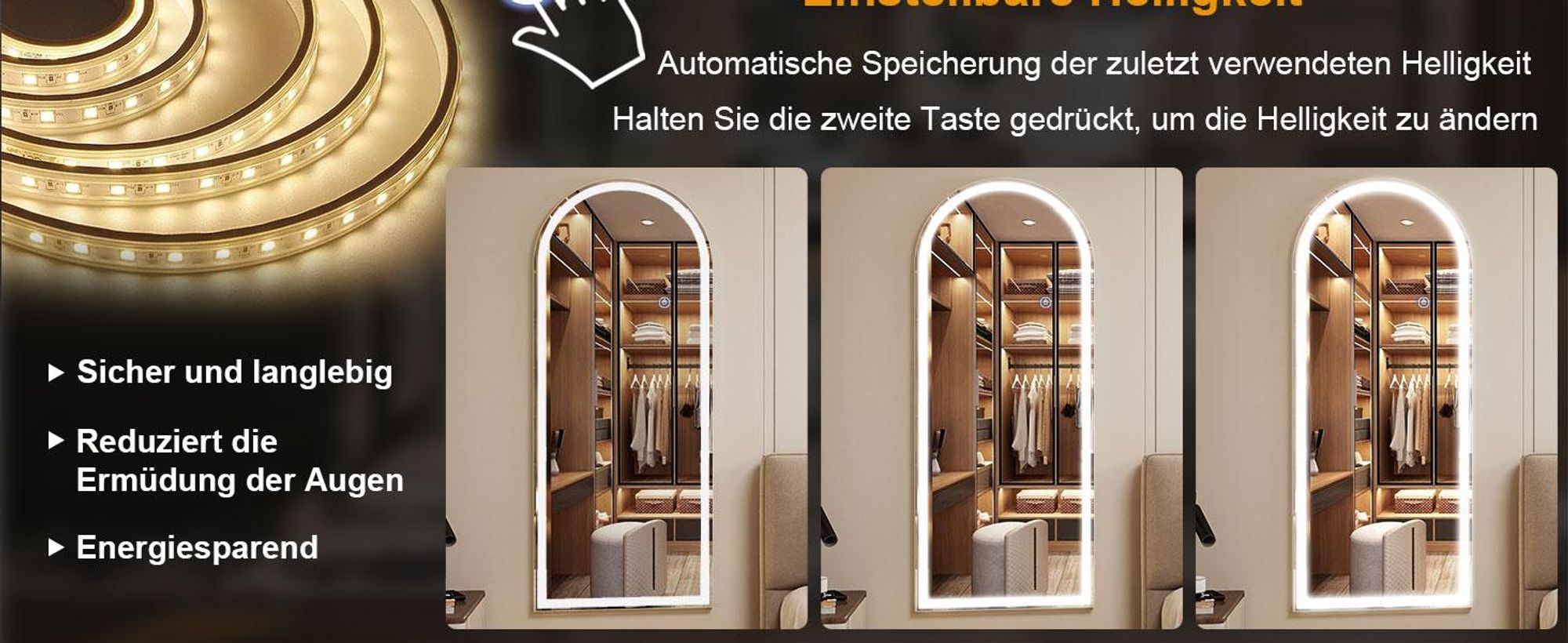 Koonmi LED Ganzkörperspiegel 180 x 76 cm stabiler Rahmen mit Touch, LED Spiegel mit Touchsteuerung, 3 Lichtfarben und beschlaghemmender