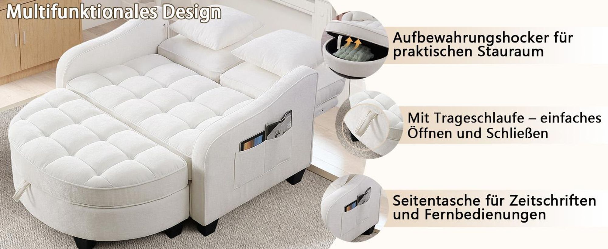 MODFU Multifunktionales Sofa Schlafsofa mit Aufbewahrungs-Hocker,Relaxsofa mit rutschfeste Kunststoffbeine,Beige