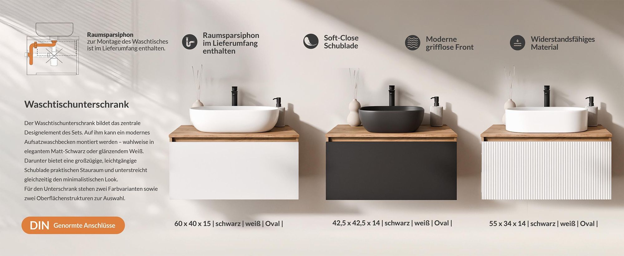 Planetmöbel ARISA Badmöbel Set Weiß – Mit Nova LED Spiegel und weißem Keramik-Aufsatzwaschbecken 55 cm