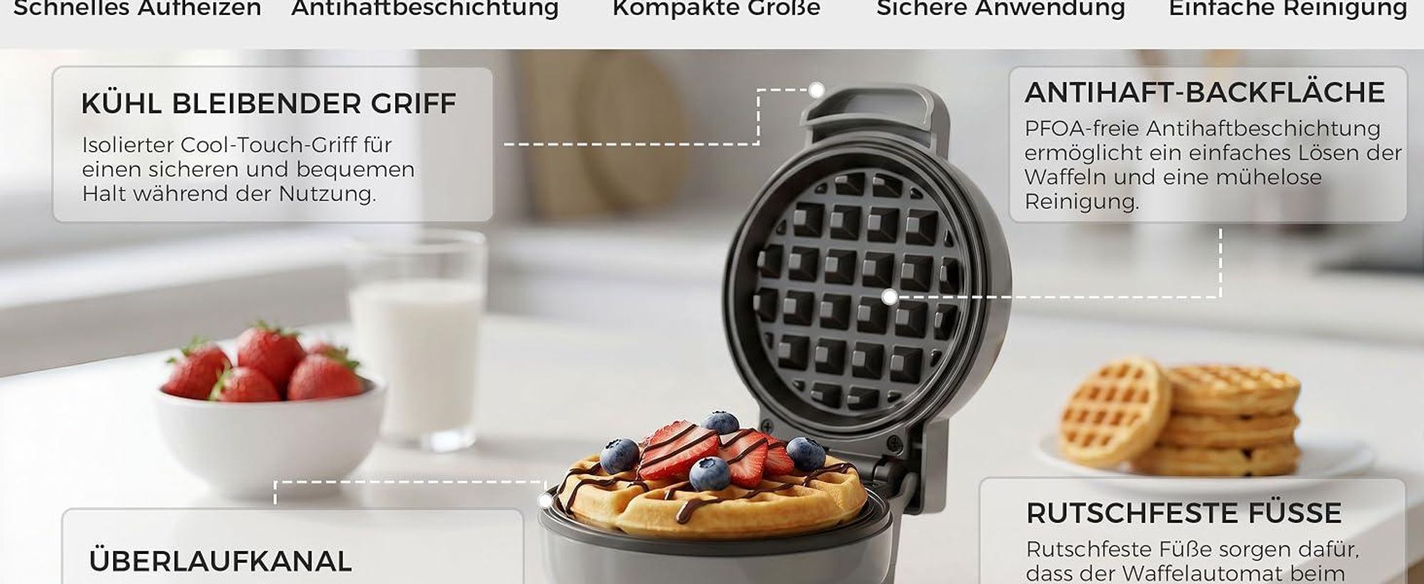 YASHE Mini Waffeleisen 550W, Antihaft-Waffelmaschine, Grau