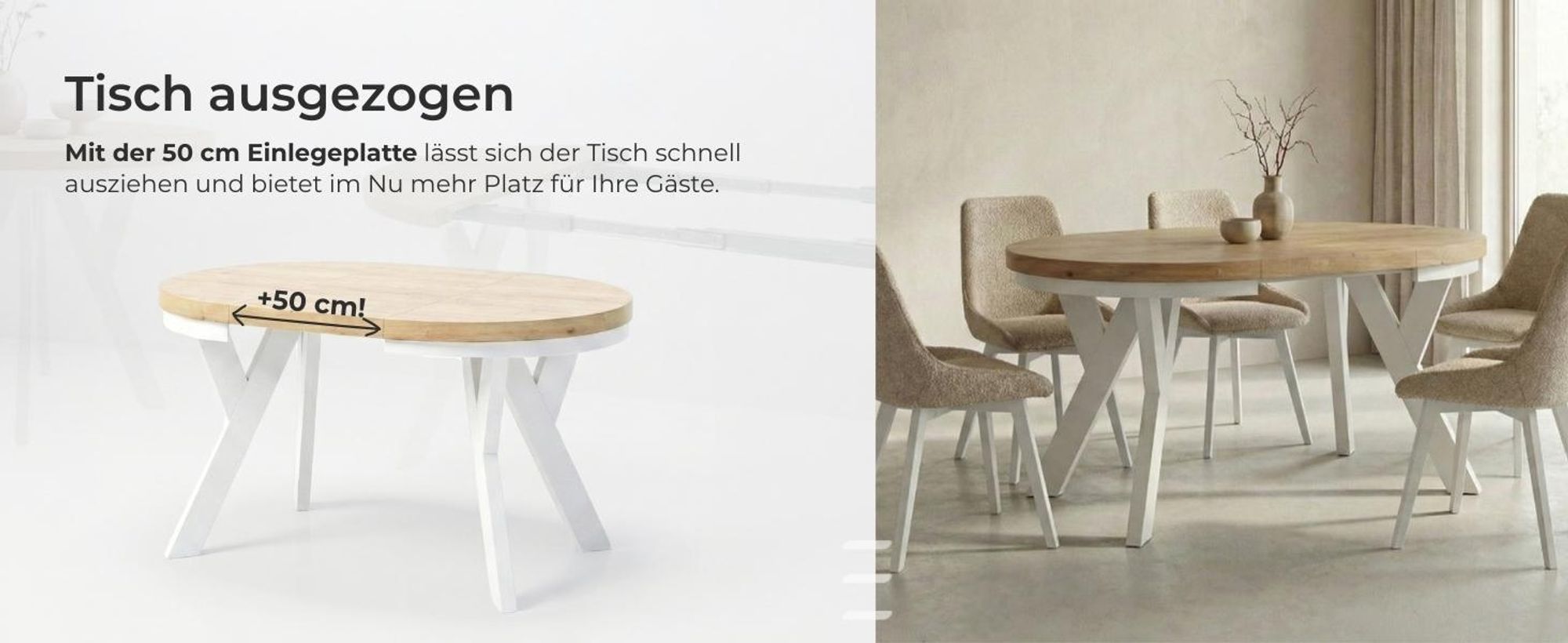 Runder Ausziehbarer Tisch für Esszimmer, PERO, Loft-Stil, Skandinavische, Durchmesser: 100 / 150 cm, Farbe: Kaschmir / Weiß