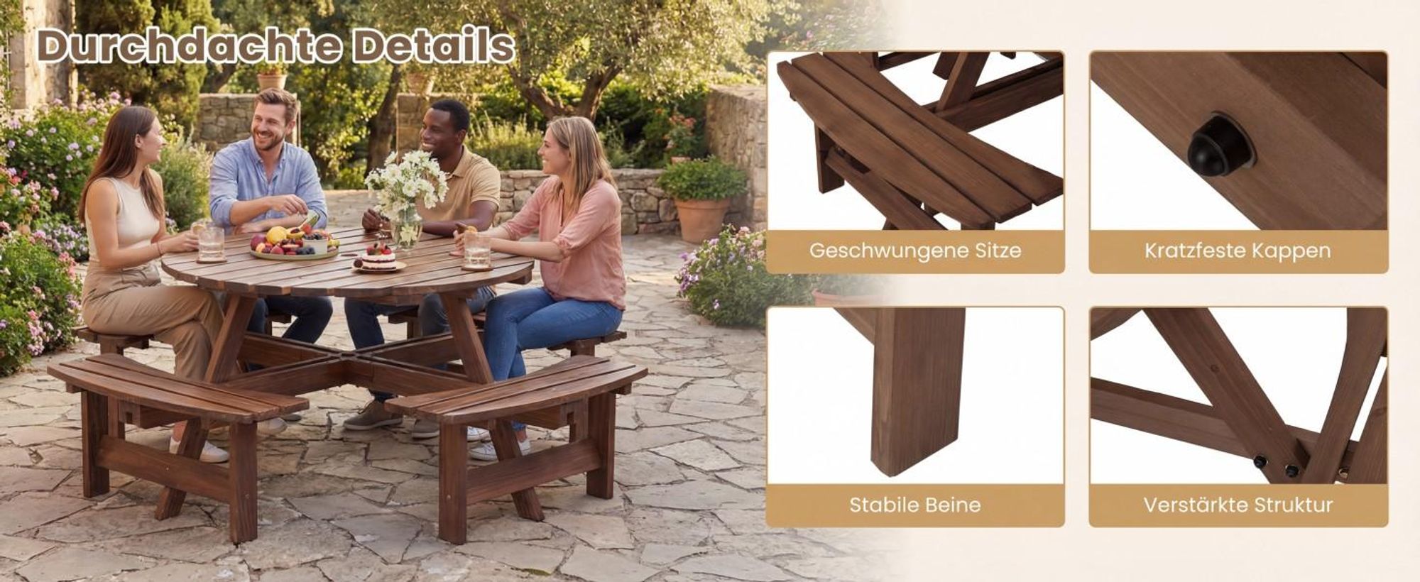 COSTWAY Gartenmöbel-Set für 8 Personen, Gartentisch mit Schirmloch & 4 Bänken, Picknicktisch Set rund, Sitzgarnitur Holz, Sitzgruppe Gelb