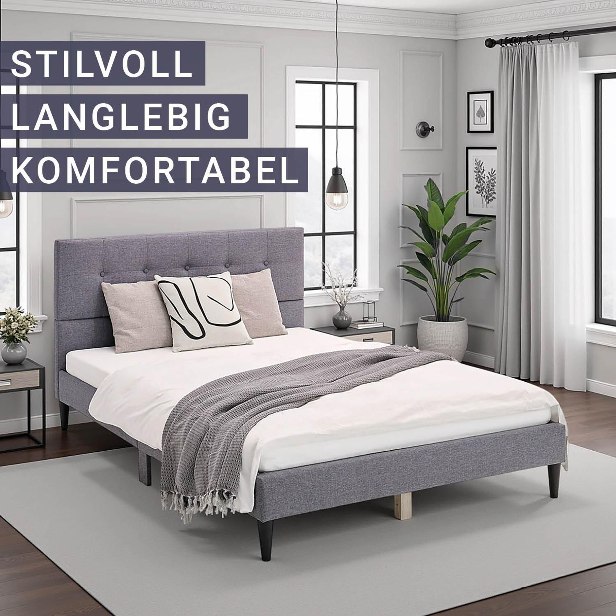 Das Bett in 140x200 cm steht etwas seitlich. Auf dem Bett liegen Kissen und eine Tagesdecke.