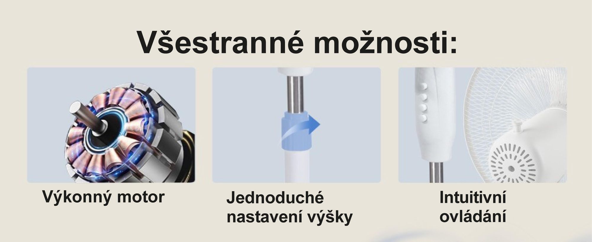 Stojanový ventilátor, větrný stroj, 3 rychlostní stupně, automatická oscilace
