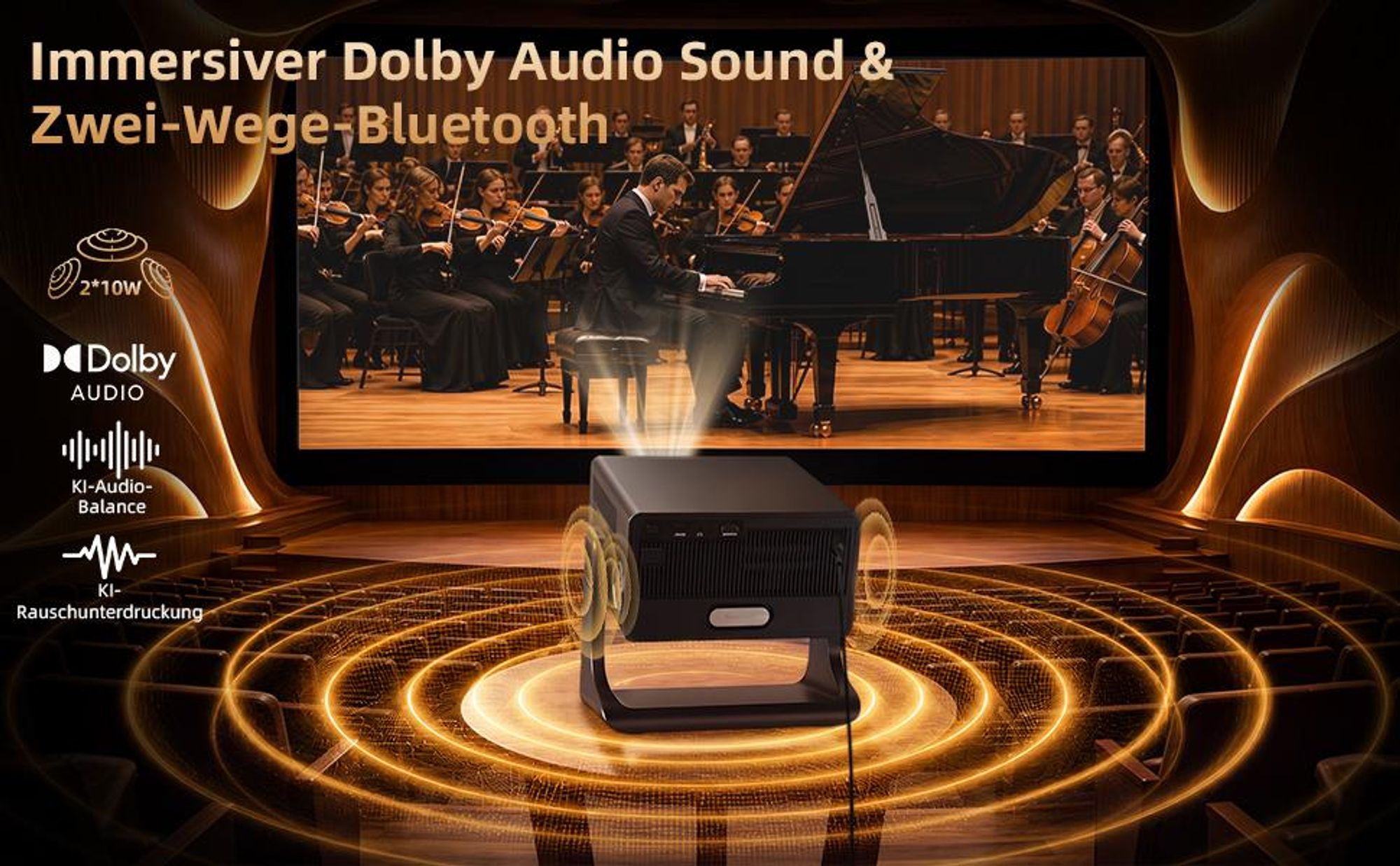 Beamer 4K, VIDAA OS, offiziell Netflix-, 1080P FHD,1400 ANSI, 2×10W Dual-Lautsprecher, Dolby Audio, KI-Autofokus & Auto-Trapezkorrektur