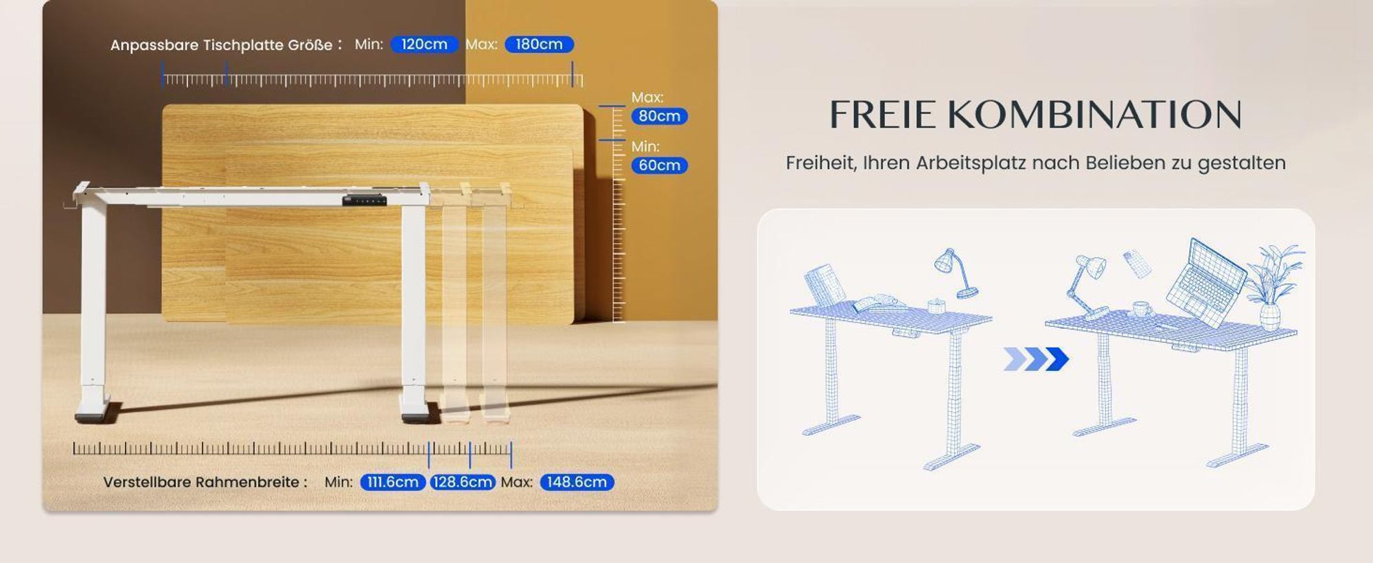 FlexiSpot E1 Pro Höhenverstellbarer Schreibtisch Elektrisch, Dualmotor 120 kg Tragkraft 4 Memory-Steuerung, Anti-Kollisionsschutz (Mousseweiß)