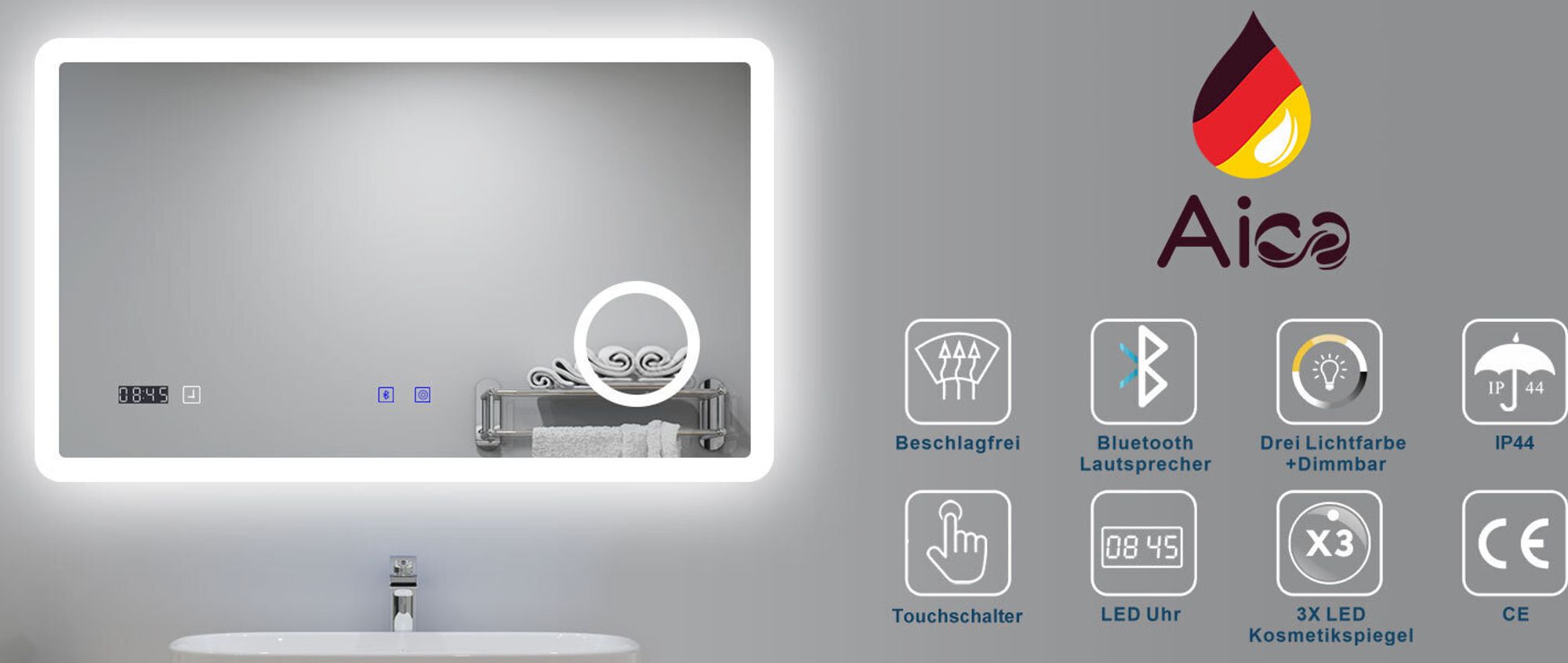 AICA LED Wandspiegel 70x50cm Touchschalter Beschlagfrei Badspiegel Bluetooth Uhr 3X Schminkspiegel 3 Lichtfarbe 3000/4500K/6000K Dimmbar IP44