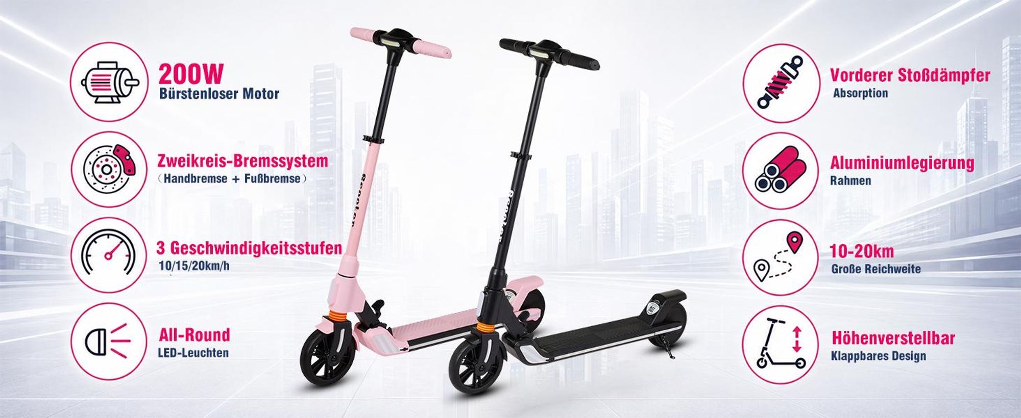 Elektroroller Für Kinder Und Jugendliche Mit 200W Motor, 10-20km Reichweite, Höhenverstellbar, LED-Beleuchtung, Faltbar E-Scooter, Elektroscooter Rosa
