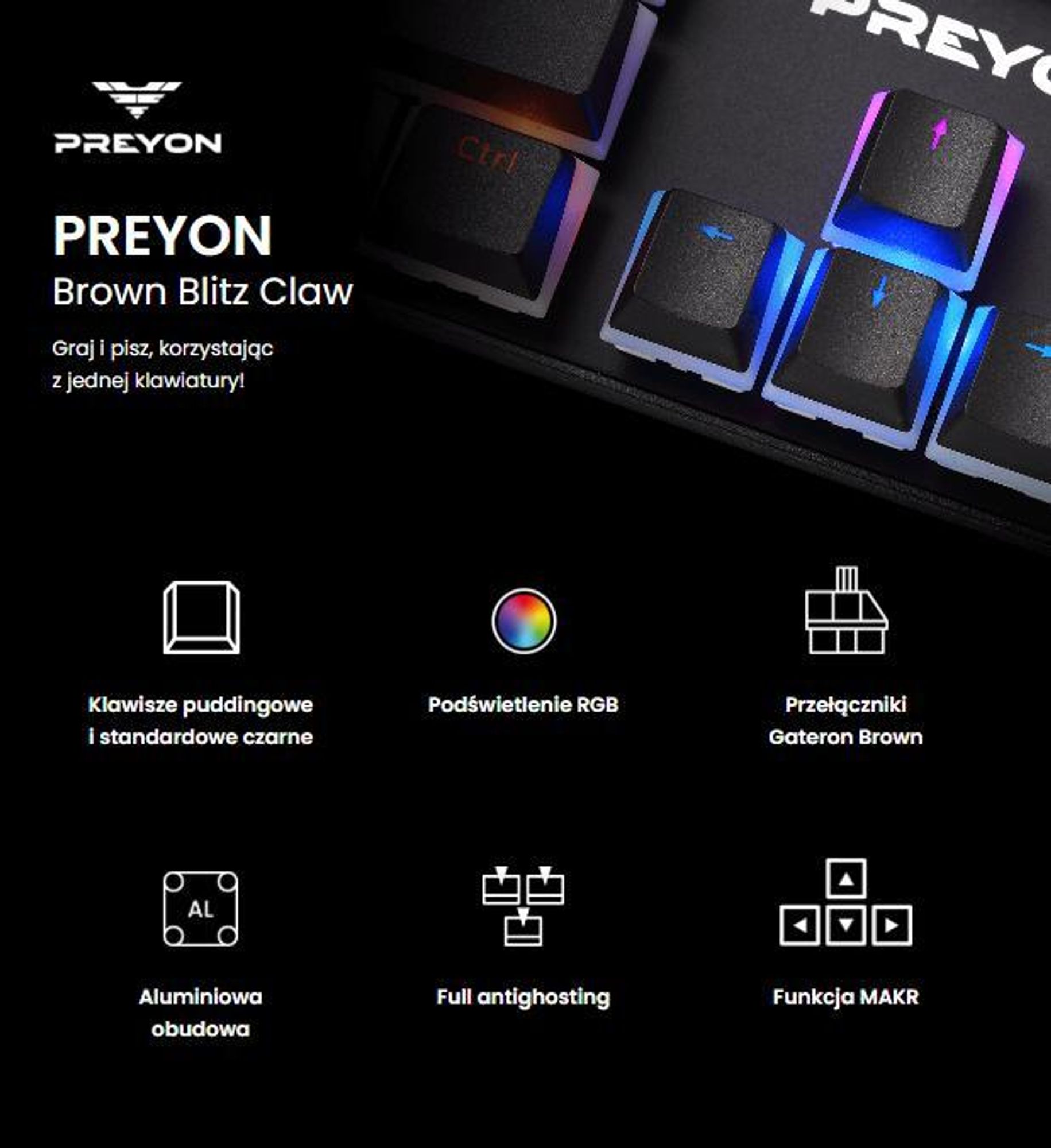 PREYON Brown Blitz Claw Gaming - Klawiatura mechaniczna TKL bez klawiszy numerycznych, przełączniki Gateron Brown, klawisze w kolorze "pudding", podświetlenie RGB, obudowa z aluminium, klawiatura PC, kolor czarny
