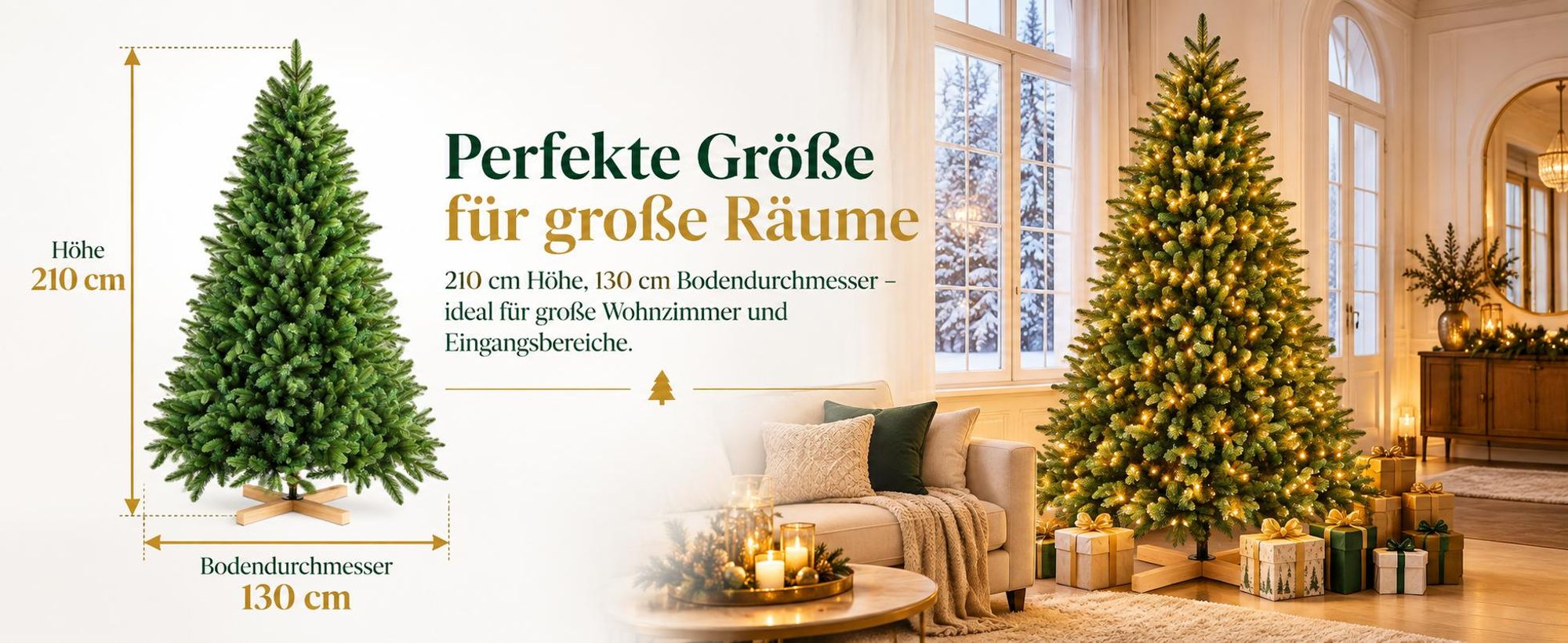 Künstlicher Weihnachtsbaum mit LED Lichterkette und Holzfuß 180 cm, realistischer PE PVC Christbaum, festliche Weihnachtsdekoration für Zuhause