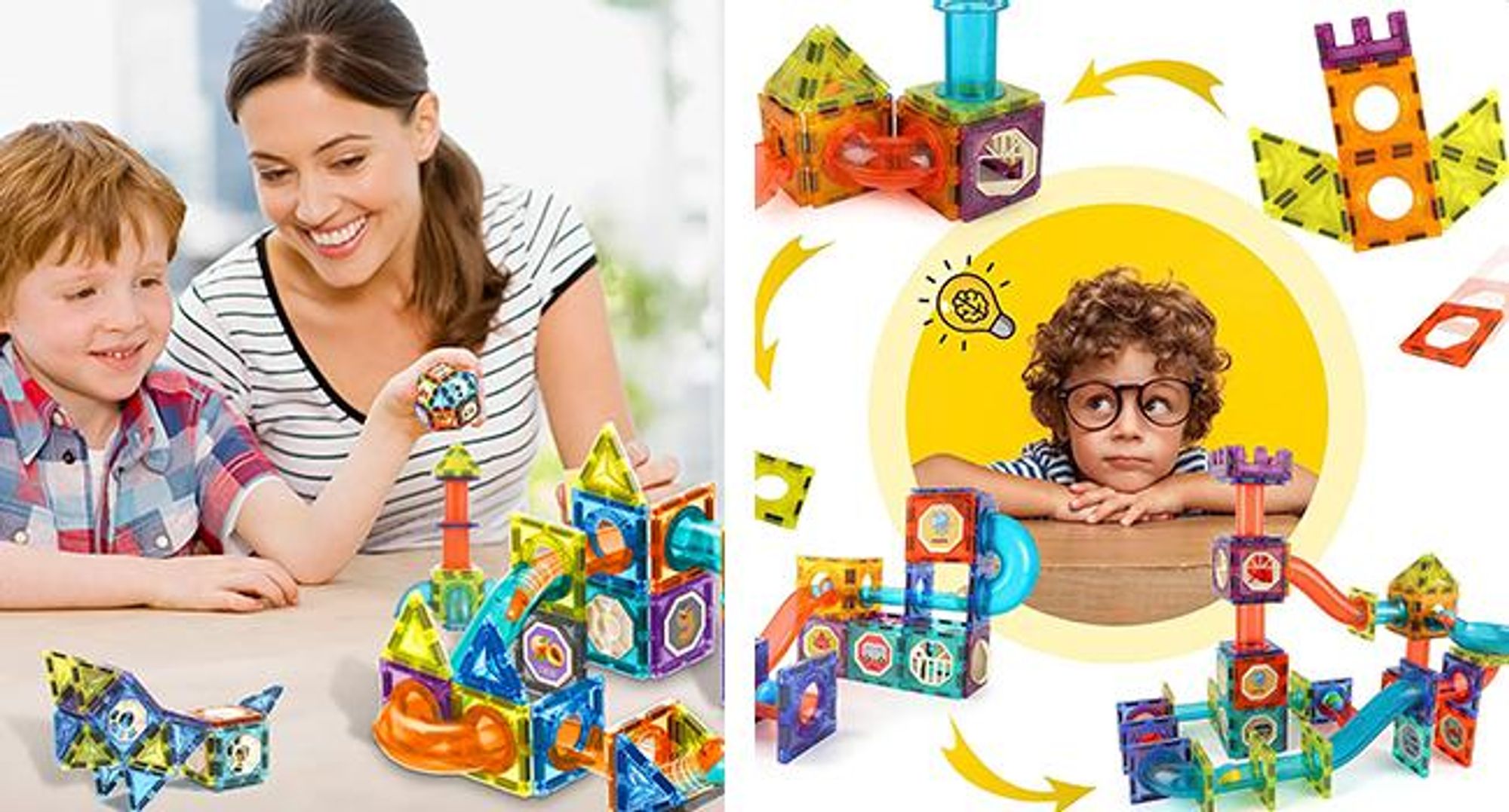 KRUMAD Magnetische Bausteine 75 Teile - Magnetspielzeug mit Licht & Kugelbahn für Kinder ab 3 Jahren - Stabile Magnetkonstruktion, leuchtende Elemente