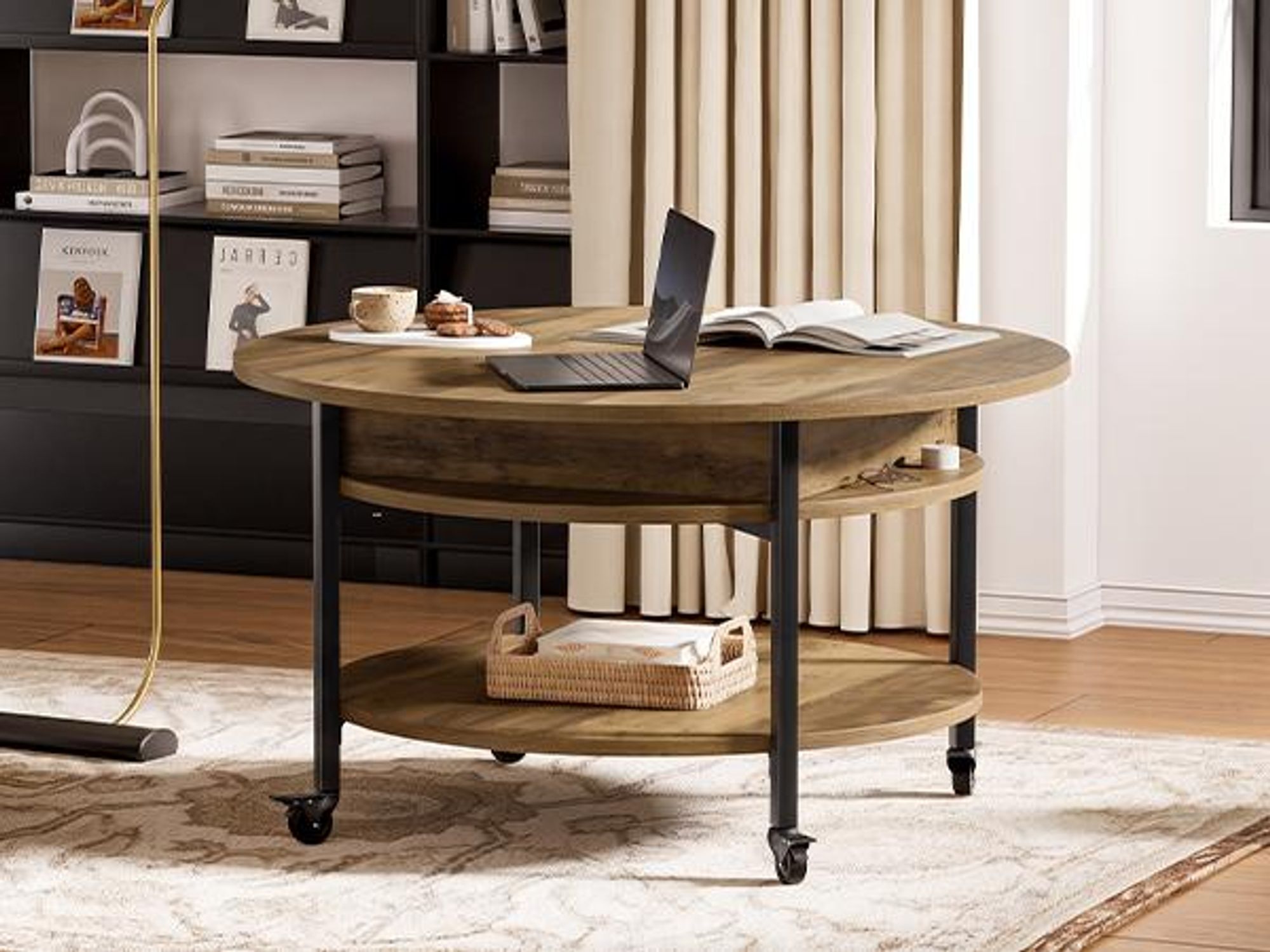 FABATO Runder höhenverstellbarer Couchtisch mit Rädern & Staufach – 26,77 Zoll (ca. 68 cm), 2-stufig, auch als Esstisch nutzbar, in Espresso