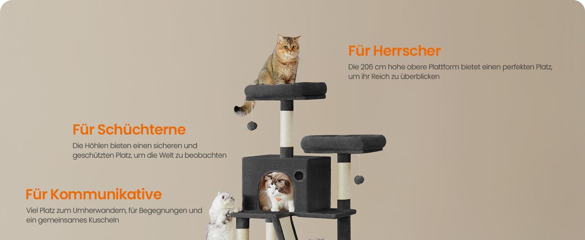 Feandrea Kratzbaum 206 cm, XXL, mit 13 Kratzsäulen, 2 Plattformen Tintenschwarz