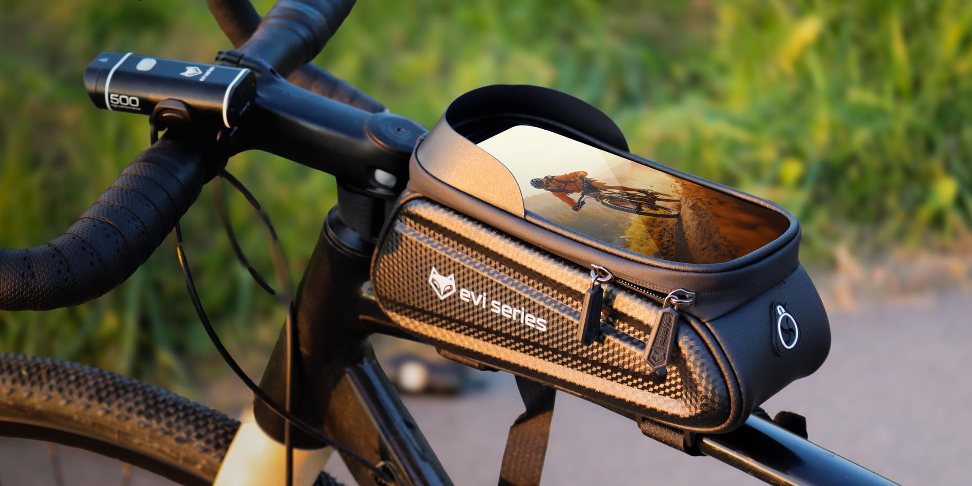 Fahrradtasche Rahmentasche wasserdicht, Handyhalterung bis 6,9 Zoll, 2L Hardcase Oberrohrtasche mit Sonnenblende, EVI BIKE Flow+ L, Schwarz