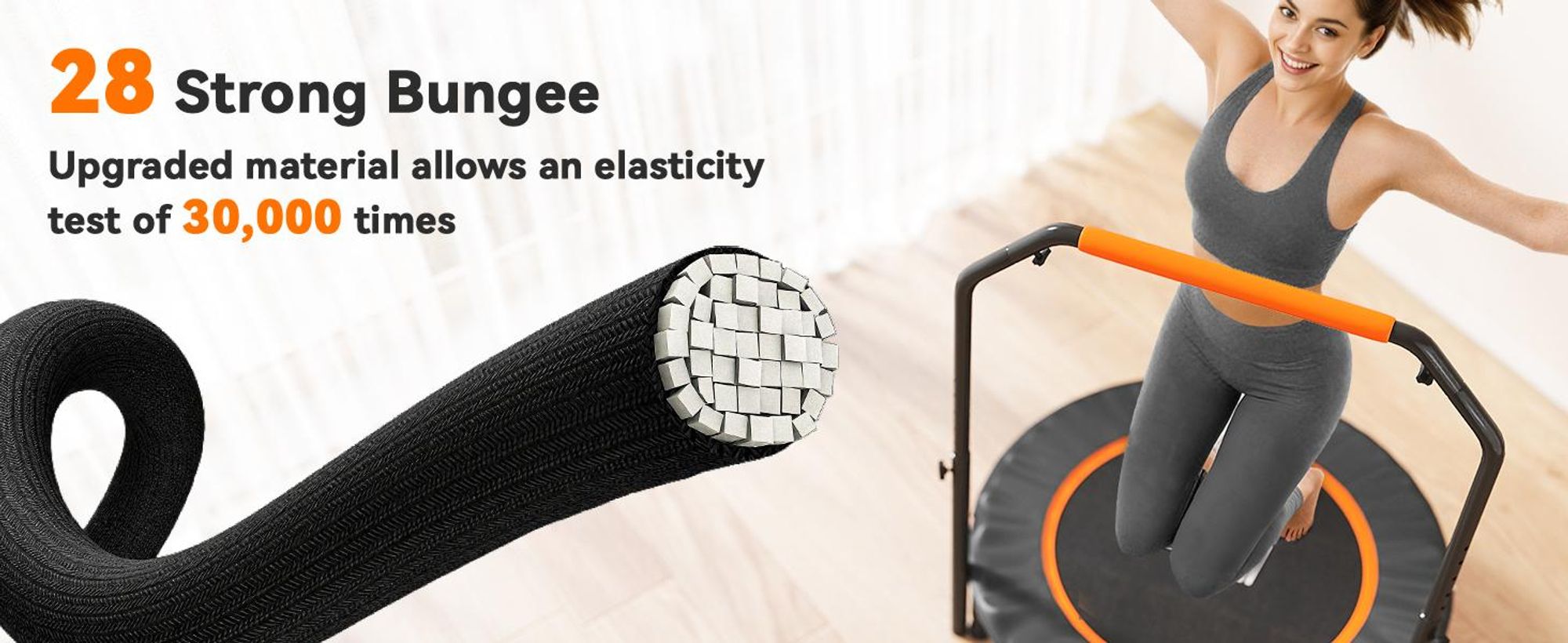 Trampolina fitness HOMCOM 102 cm, składana mini trampolina z uchwytem o czterech regulowanych wysokościach, trampolina fitness dla dorosłych, do 100 kg, kolor czarny + pomarańczowy