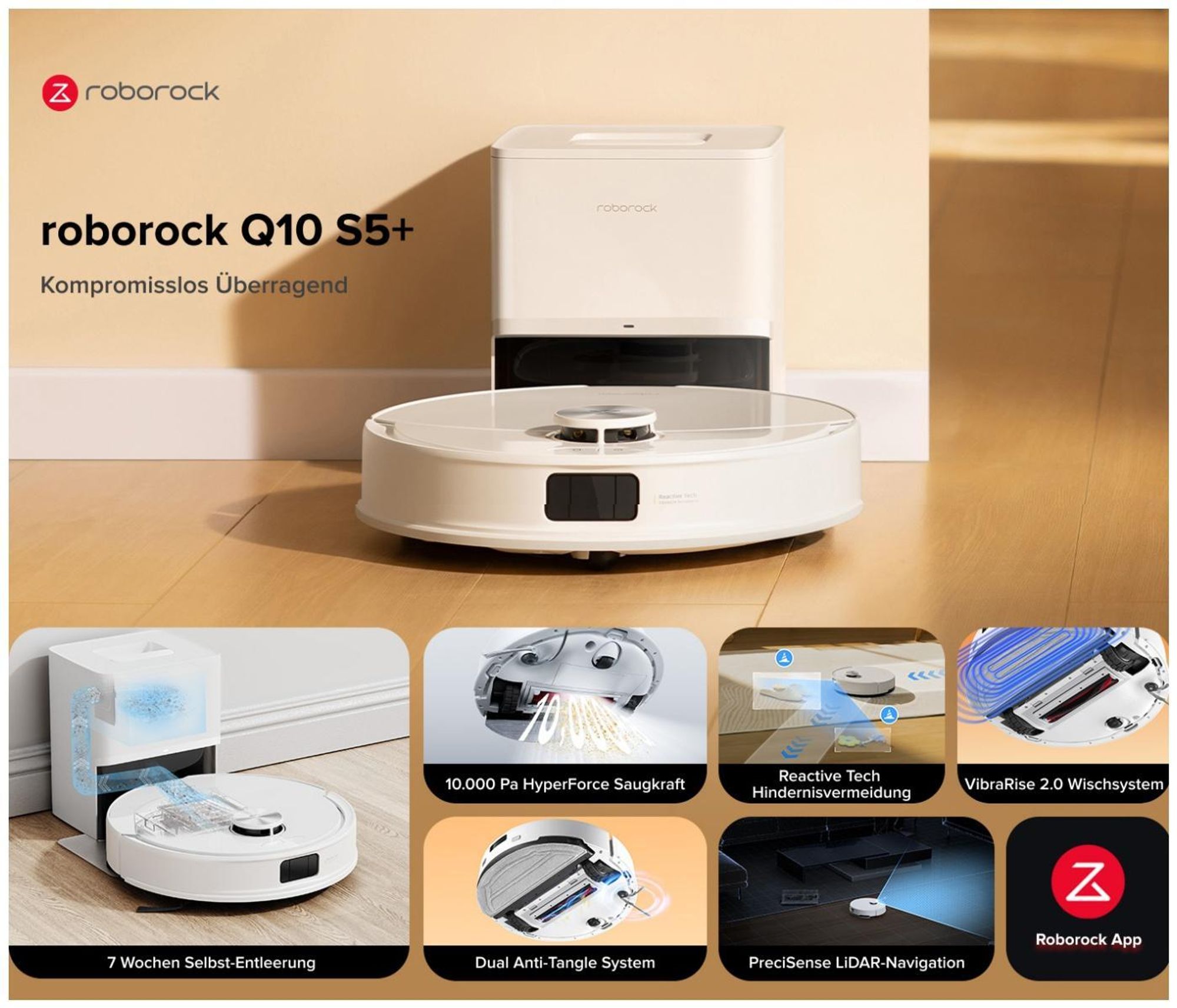 Roborock Q10 S5+ Set Staubsauger Roboter, 10.000 Pa(Upgrade von S8 Plus), Dual Anti-Tangle System, Auto Lifting Mopping, Ideal für Tierhaare (Weiß)