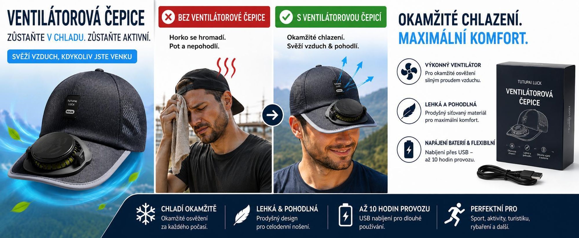 Pánská kšiltovka s ventilátorem na solární pohon, pánská čepice s ventilátorem, kšiltovka s USB ventilátorem – SOLCAP