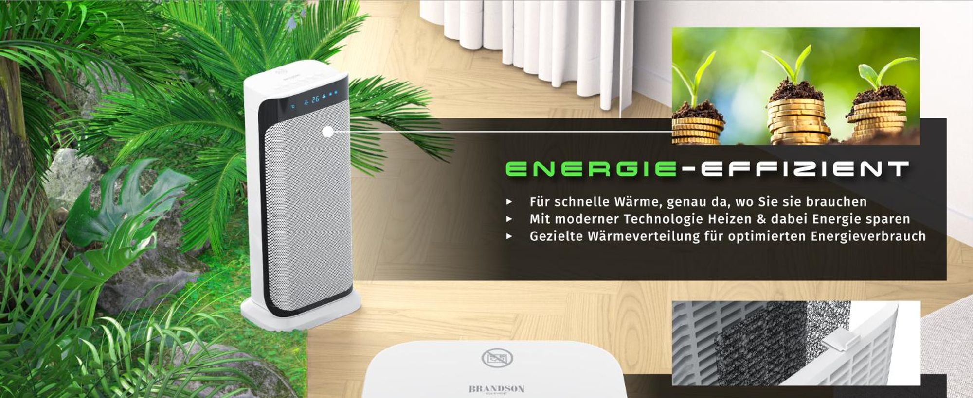 Brandson Heizlüfter 2000W, Keramikheizlüfter mit Fernbedienung, energiesparend & leise, Überhitzungsschutz, Automatische Abschaltung, Umkippschutz, 35° Oszillation, Weiß/Schwarz
