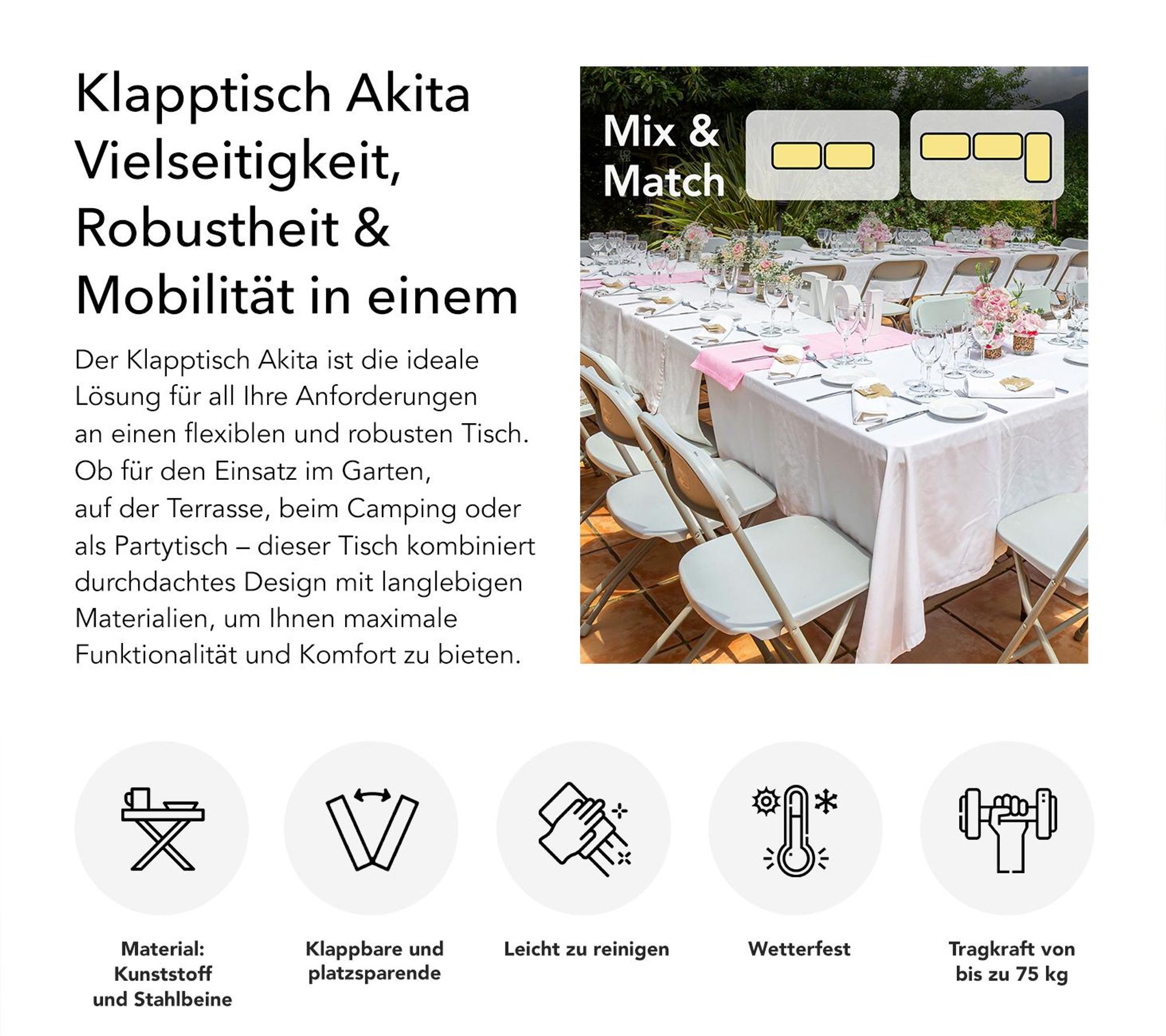 Klapptisch Akita Strapazierfähiger und Wetterfester Tisch 183 x 76 cm