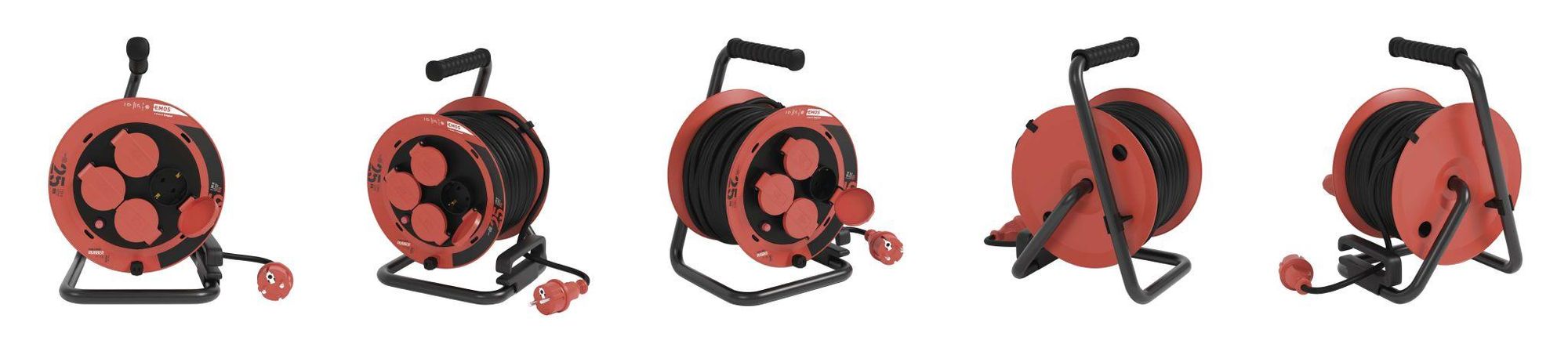 EMOS Kabeltrommel 25m, 4 Steckdosen, Spritzwassergeschützt, schlagfest, 230V, 10A, 2300W, Gummi-Isolierung, H05RR-F3G 1,0 mm2, IP44 für Außen, P082251